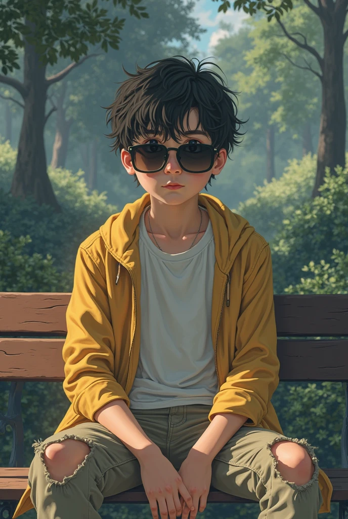 The model wears sunglasses from CR I need you to illustrate these scenes Ghibli studio version: 

1.	A boy in a sad environment sitting on a bench. 
2.	That a girl appears next to the boy.
3.	That the boy and the girl have a conversation.
4.	That the girl disappears.
5.	That boy is left alone.