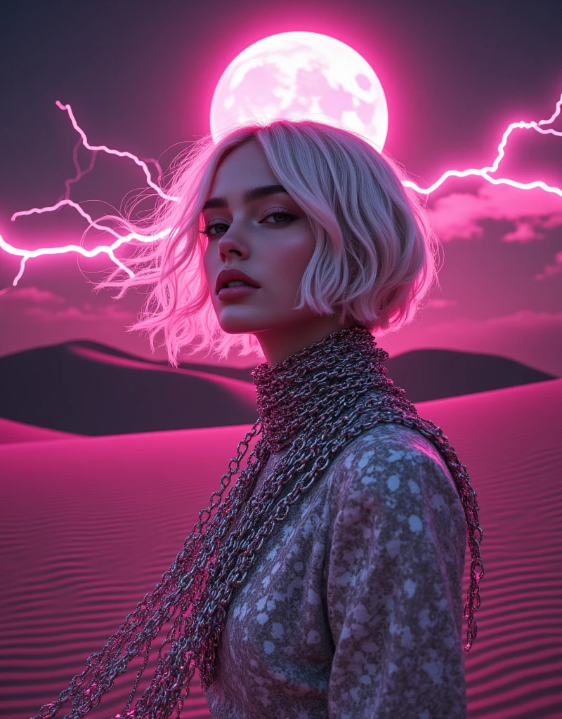 Neon Burgundy Monochrome H Background / Sand Dunes Standing Chess  ,   Half of a Woman in a Black Dress Is Droplets of Water, The other half of the woman appears to be wrapped in chains in white silver wood,   white hair ,  PinkMoon and Shining Lightning 