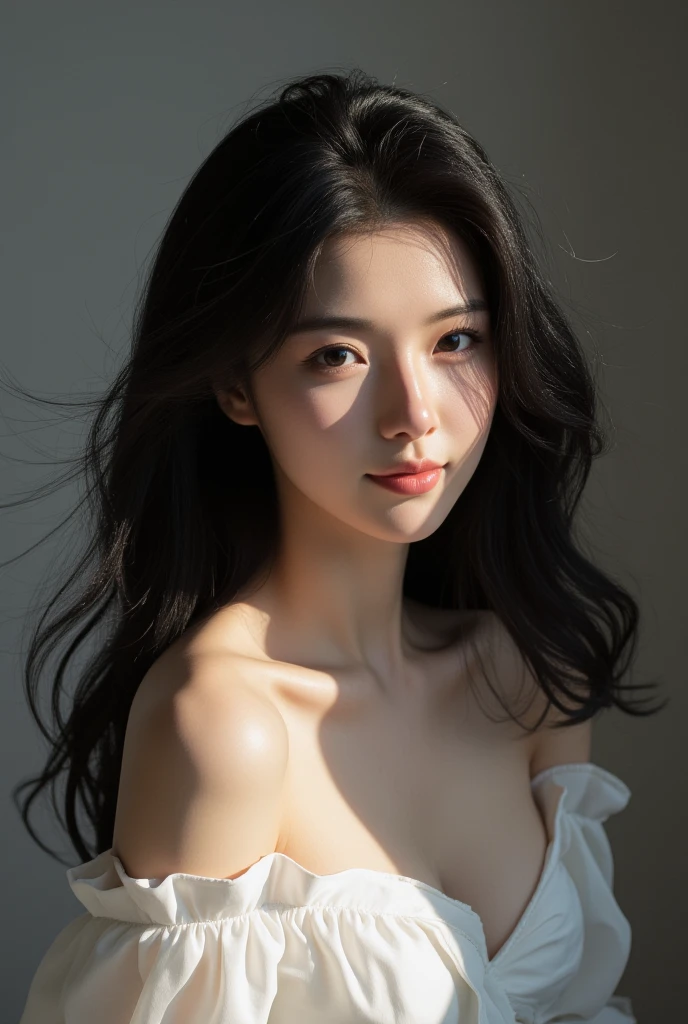 Best quality, masterpiece, Ultra-high resolution, (realistically:1.5), RAW photos, Lovely, in the dark night, depth shadow, Low Tone, Cold Light, Sexy look,Shoulder length straight bob hair,Slim,Cleavage,Looming nipples