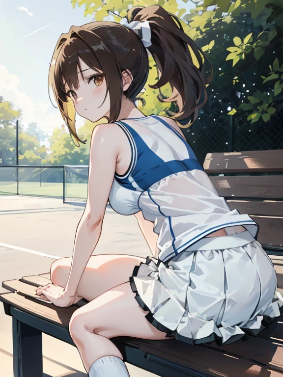best quality,ultra-detailed,high resolution,extremely detailed CG,perfect anatomy,detailed,cinematic lighting,beautiful detailed eyes,ultra high res,(1girl),15years old,gleaming skin,oil skin,sweat,humid,trembling,strong light coming in,spot lighting,bright,revealing,nose blush,(shamefull:1.2), surprised, (embarrassed,blush:1.3),nsfw,(ecstasy:1.3) ,(slut:1.2),(vulgarity:1.3),(fucked silly:1.1),(steam:1.1),(wet:0.8),(trembling:0.8),(tears:0.7) ,(drooling:0.6),(sweat:0.8),(nsfw:1.2),(Tennis uniform:1.2),(Young:1.2),Japanese,(Tennis court:1.2),large breasts,(Random Hairstyles:1.2),Bold Pose,(full body:1.2),skirt,(Sheer tops:1.5),(bra),Shyness,lure,Smile