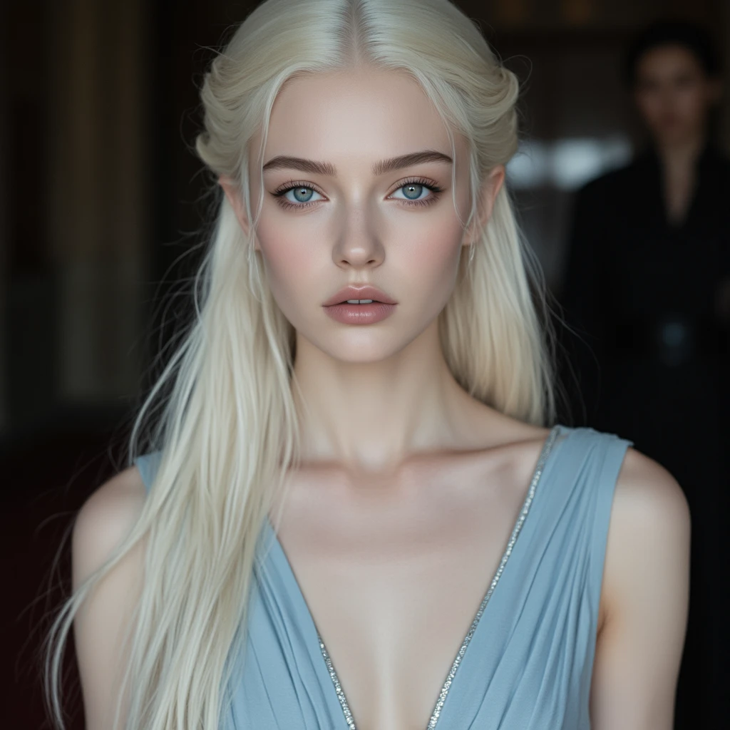 A medieval young, beautiful Targaryen princess with platinum blonde hair that falls to her shoulders, each strand shimmering like silver. Her skin is pale and flawless, almost porcelain in texture, with a subtle natural glow. Her violet eyes are striking and intense, gleaming with an otherworldly sharpness that can captivate and unnerve at once, framed by long, dark lashes. face is angular and regal, with high cheekbones, a button nose, and full, soft lips. beauty is not soft or gentle, but rather an ethereal, intimidating presence that commands attention. Looks mean, intimidating. Wearing a beautiful, fitted medieval sky blue sleeveless gown with silver accents. Castle interior background. Angular face, sharp features. Medieval game of Thrones era. Natural Face