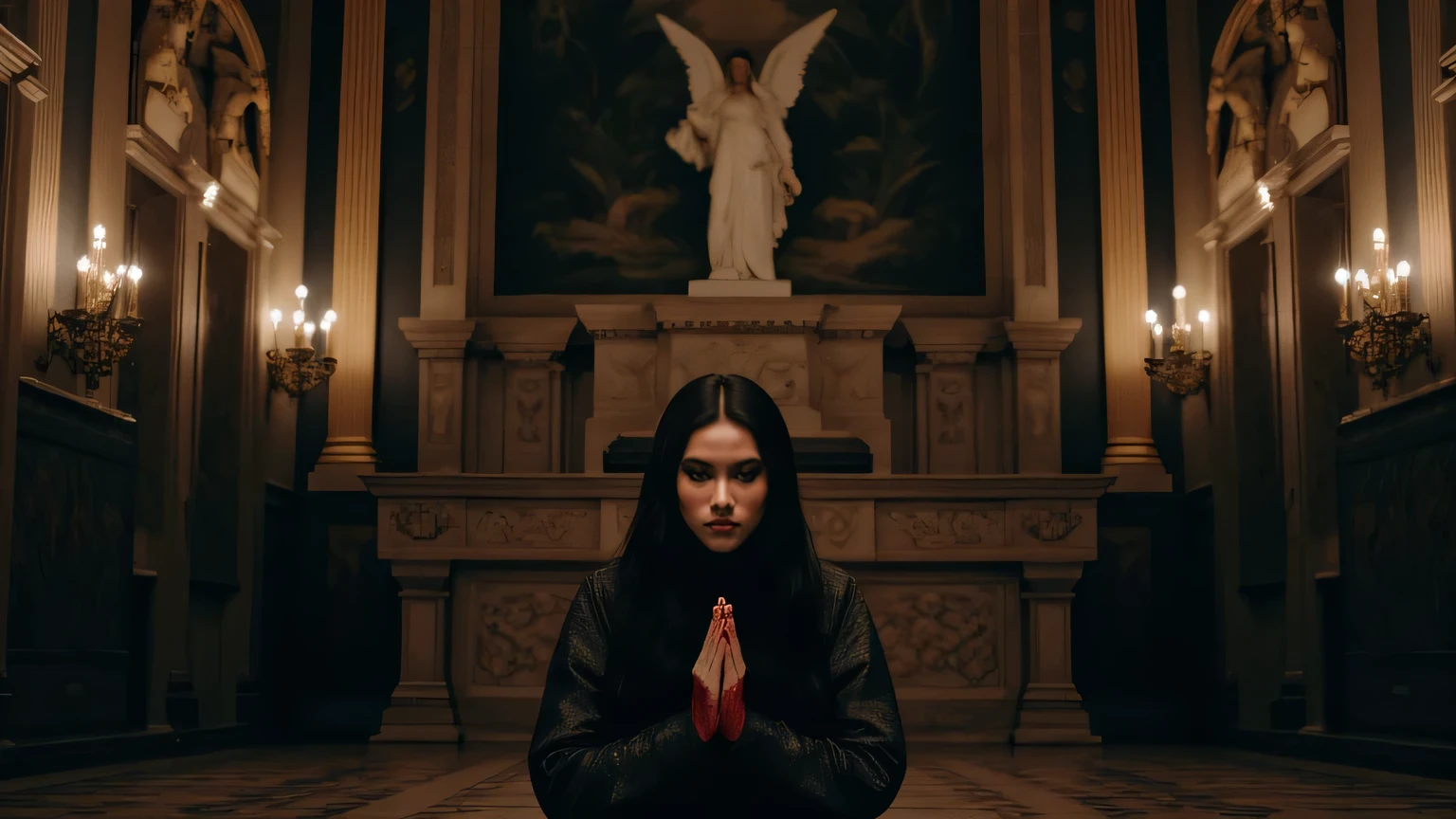 Visual:
The camera from above highlights downwards to the female protagonist who is kneeling on the altar of the castle with two palms clasped praying and her face staring up at the camera and her hands are covered with a red liquid, The backdrop is a magnificent castle. There is a statue of an Angel with white wings turned body away vibes: darkness gloomy Camera:focus on highlighting women's faces