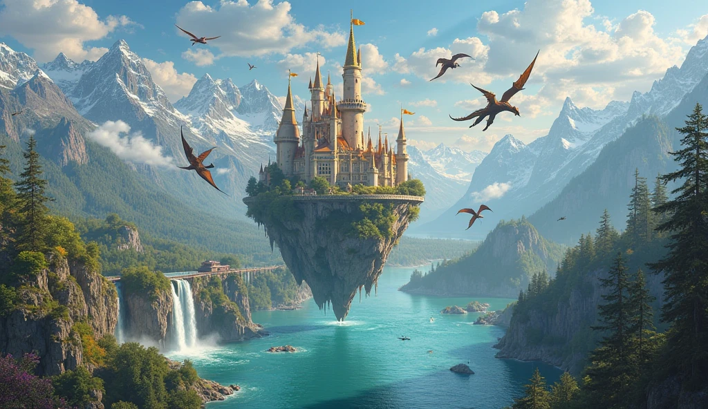 A majestic Disney-style floating castle drifts above a crystalline lake, its golden spires glowing under the radiant sun. Dozens of dragons—some sleek and jewel-toned, others massive and ancient—soar through the sky, circling the castle like guardians. The surrounding mountains rise like giants, their peaks dusted with snow, while waterfalls cascade into emerald valleys below. The air shimmers with magic, and the distant sound of ethereal music lingers, as if the world itself is singing.