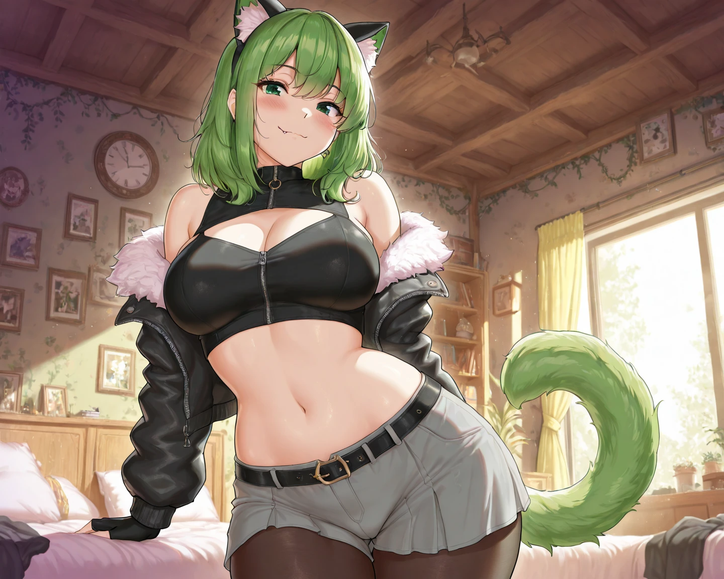 (Masterpiece, Best Quality:1.2), 独奏, 1girl, tatsumaki, unamused, closed mouth, looking a viewer, sitting, 她穿着敦煌飞天衣服, thights, широкие thights,