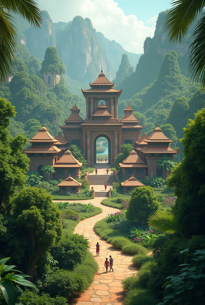 Picture an incredibly beautiful tropical ancient city with incredibly beautiful, friendly and hardworking ancient people and with incredibly beautiful and landscaped nature in a circle