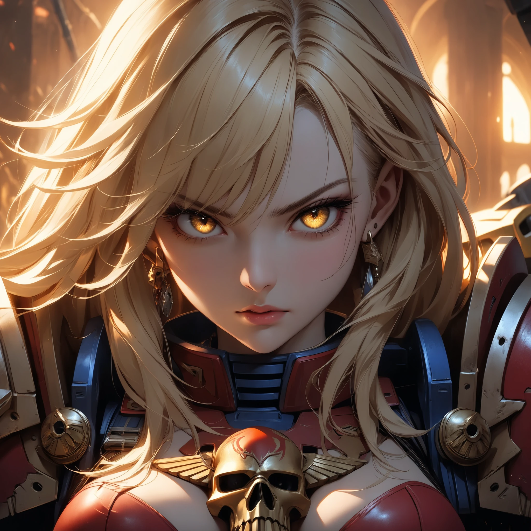 ((extreme quality)), ((Masterpiece)), ((Enrich the picture,Masterpiece level quality)), blonde hair, long hair, , golden eyes, fierce woman, ultra eyes details, RAW 4K, Realistically , ((great effect to highlight the subject)) , ( cinematic lighting, moody, textile shading), perfect proportions, ultra detailed, volumetric lighting, soft lighting, glossy skin, beautiful face, Special face details, strong emotions, elegant gesture, Detailed facial features, Long eyelashes, contrast, Incredible atmosphere, Fascinating setting, Haunting beauty , ear rings, warhammer 40k, warhammer 40k space marine, space marine blood angel, very angry, up,