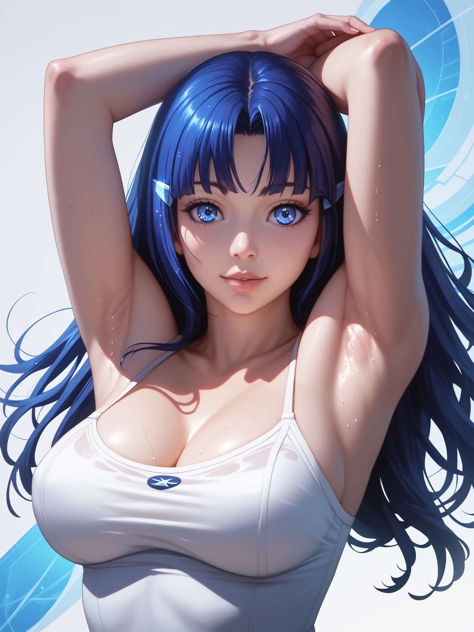 armpits,wet skin,detailed background, glowing skin,Reika Aoki , straight long blue hair, dull bangs, blue eyes, 最High Quality, realistic, Finer Details , high resolution, 8k Wallpaper, perfect dynamic composition, Beautiful Delicate Eyes, Big Breasts, outdoor、thin、(tight camisole, Detailed Armpits, portraits, side bust)anime style,High Quality,masterpiece,very detailed,Japanese,gravure