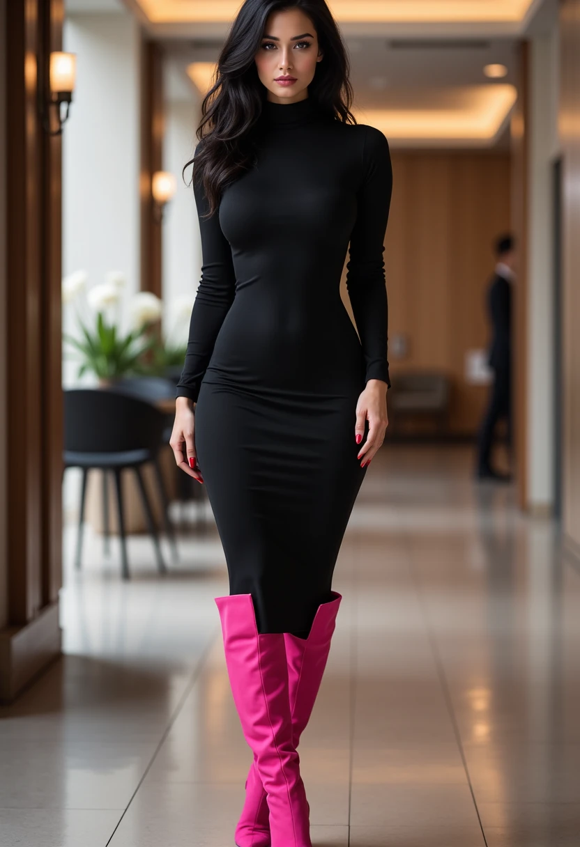 full length photo: 1.3. side view from afar, in full height head to toe: 1.3. high detail. 32 kb . Photo in quiet luxury: 1.3. A beautiful sexy woman with a figure like Monica Bellucci. Thick black wet hair. Clothes creates her sexy figure and hides her flaws, demonstrating her elegance and the magnificence of her body's shapes and curves. The scene takes place in the center of an honest business center. The look looks confident and stylish, drawing attention to elegant leather as a symbolic requirement. Minimalist decor,  but sophisticated , giving the impression of a designer style. full length photo: 1.3. body image: 1.2. She is wearing a long black autumn cashmere turtleneck dress with long sleeves. Bright pink suede boots. .