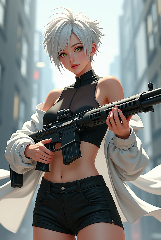 A girl with white short tomboyish hair and green eyes. She's wearing a transparent black top and black shorts, with a white oversized open blouse. She's holding a long tecnologic rifle