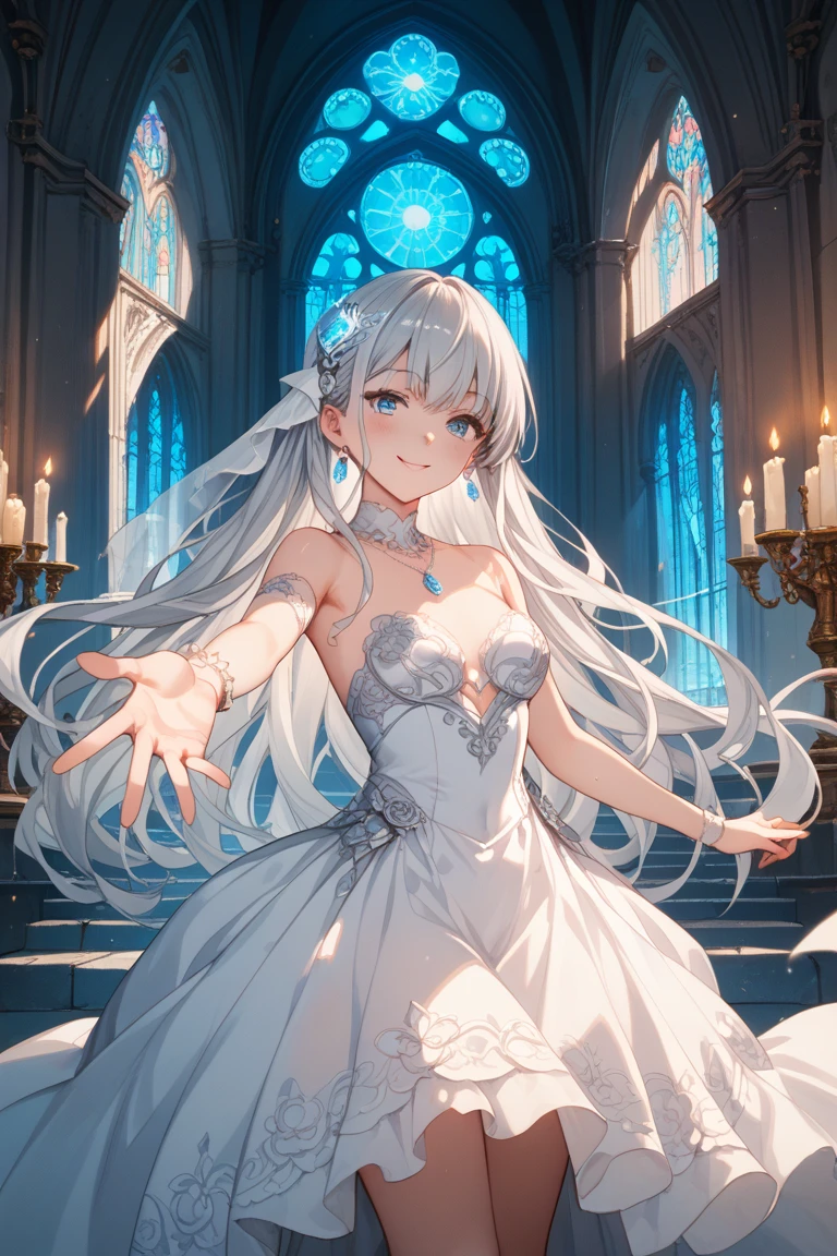 Modelshoot style portrait, Single girl, Solo, bride, (highres:1.2), (pixiv:1.1), (ligne claire:1.2), perfect body, upper body, detailed pretty face, bust, extremely delicate and beautiful Features, beautiful detailed eyes, ultra-detailed iris, silver hair, | thigh boots, hips out. white gloves, maid headdress, necklace, hair bow, jewelry, perfect details, crown, earrings, jewelry, hair bow, red wedding dress, wedding ring, bridal veil, heart hair ornament, hair ornament, necktie, cross necklace, pendant, angel, maid headdress, red crystal, (skirt lift:1.1), (undressing:1.1), | depth of field, best quality, extremely detailed, depth of field, realistic lighting, church, ultra-detailed, detailed light , 16k, UHD, HDR,(Masterpiece:1.5),(best quality:1.5)