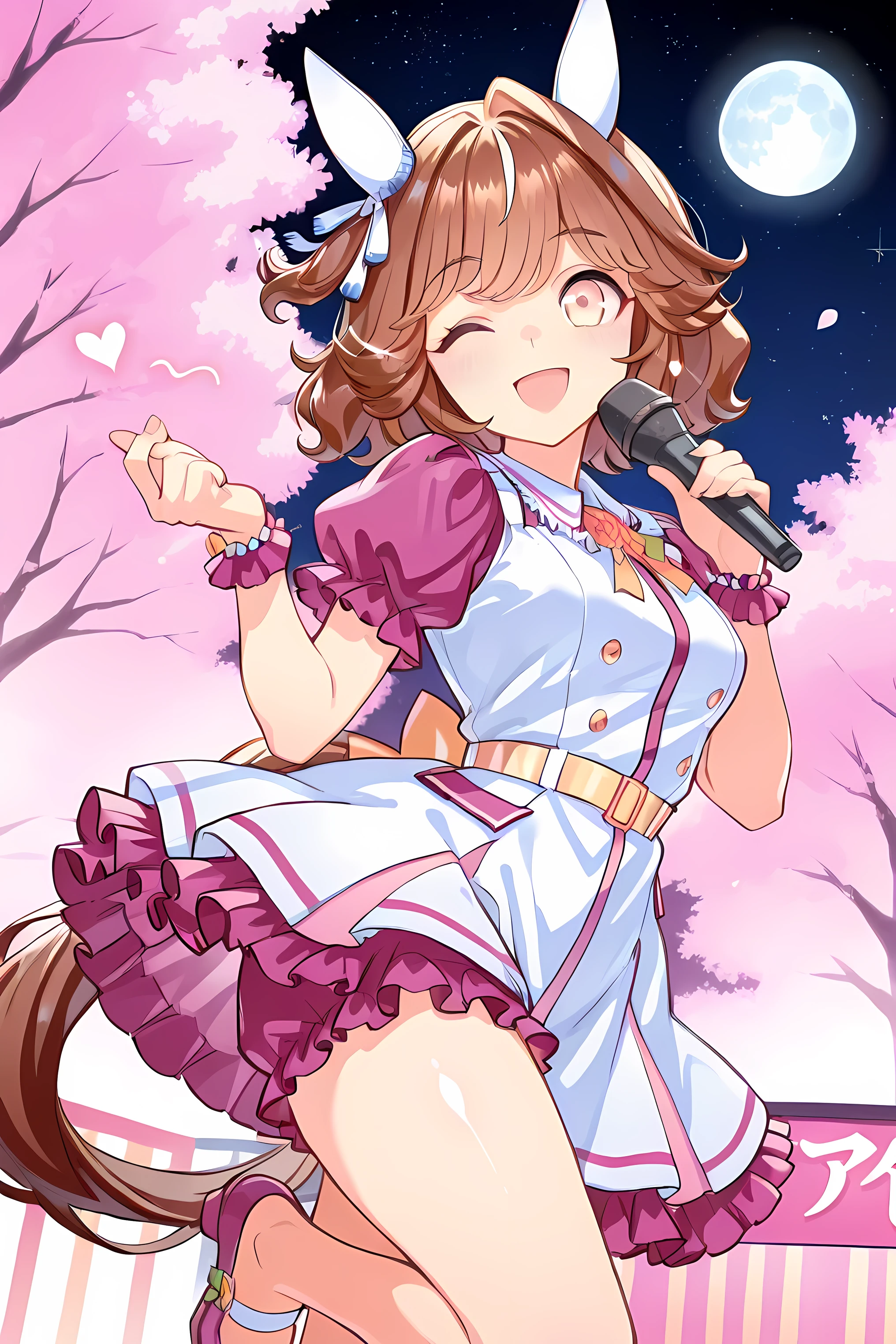 haiseiko \(umamusume\),(((masterpiece))),(((detailed)))((best quality)),((hyper detailed)),(beautiful),((shinythighs)),(((shiny skin))),(high quality skin),((8k)),((high resolution)),twinkle smile and light blush,wink,floating hair,dynamic motion,holding microphone,finger heart,standing and knee up,
Stage in park,((cherry blossom storm)),singing and dancing,pink color idol clothes,pink color frilled short shorts,starry sky,night,spring,full moon,moonlight,glowing,from front,low angle,close-up,cowboy shot,looking at viewer