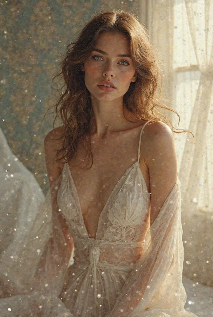score_9, score_8_up, score_8, score_7_up, sexy girl, medium boobs, beautiful face, slender, transparent ornate intricate sequin lace robe, ponytail, soft lighting, realistic, cameltoe