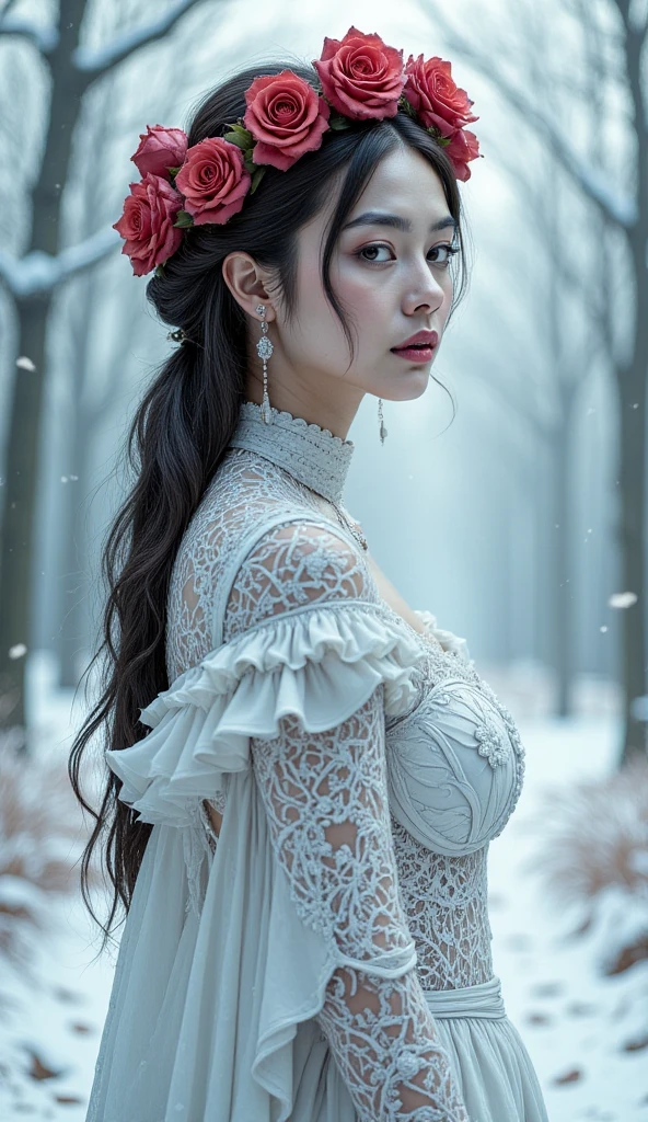 A serene winter landscape scene with a stunning tall bark blood red rose-adorned female figure standing amidst a blanket of pristine snow. Full body shot, from the top of her crown to the snow under the tips of her toes, The red-hued rose petals delicately adorn her hair, wrapping around her face like a crimson crown. Her porcelain skin glows softly under the gentle, diffused light of the snowy surroundings. She stands tall, her figure a striking contrast to the frosty environment, as if she has blossomed into existence right before our eyes.
