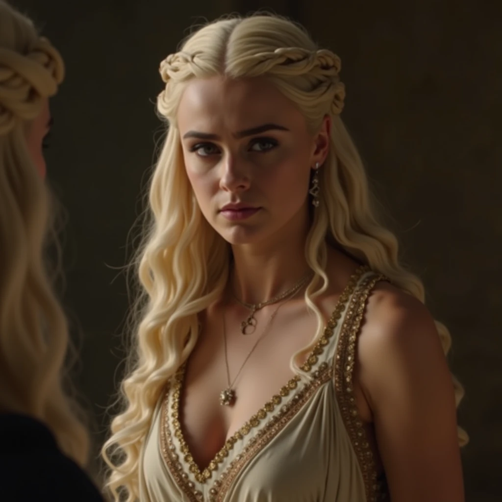 masterpiece, stunning portrait photo of khls woman, sleeveless, erotic costumes, sensual satin dress, game of thrones inspired costumes,