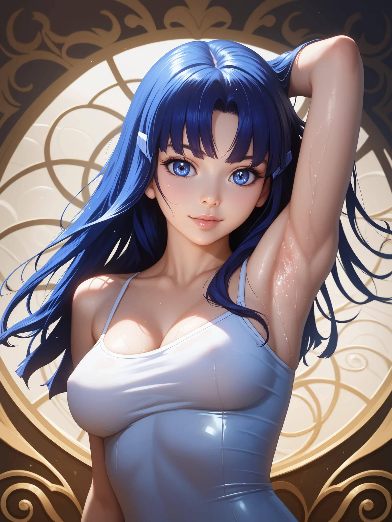 armpits,wet skin,detailed background, glowing skin,Reika Aoki , straight long blue hair, dull bangs, blue eyes, 最High Quality, realistic, Finer Details , high resolution, 8k Wallpaper, perfect dynamic composition, Beautiful Delicate Eyes, Big Breasts, outdoor、thin、(tight camisole, Detailed Armpits, portraits, side bust)anime style,High Quality,masterpiece,very detailed,Japanese,gravure