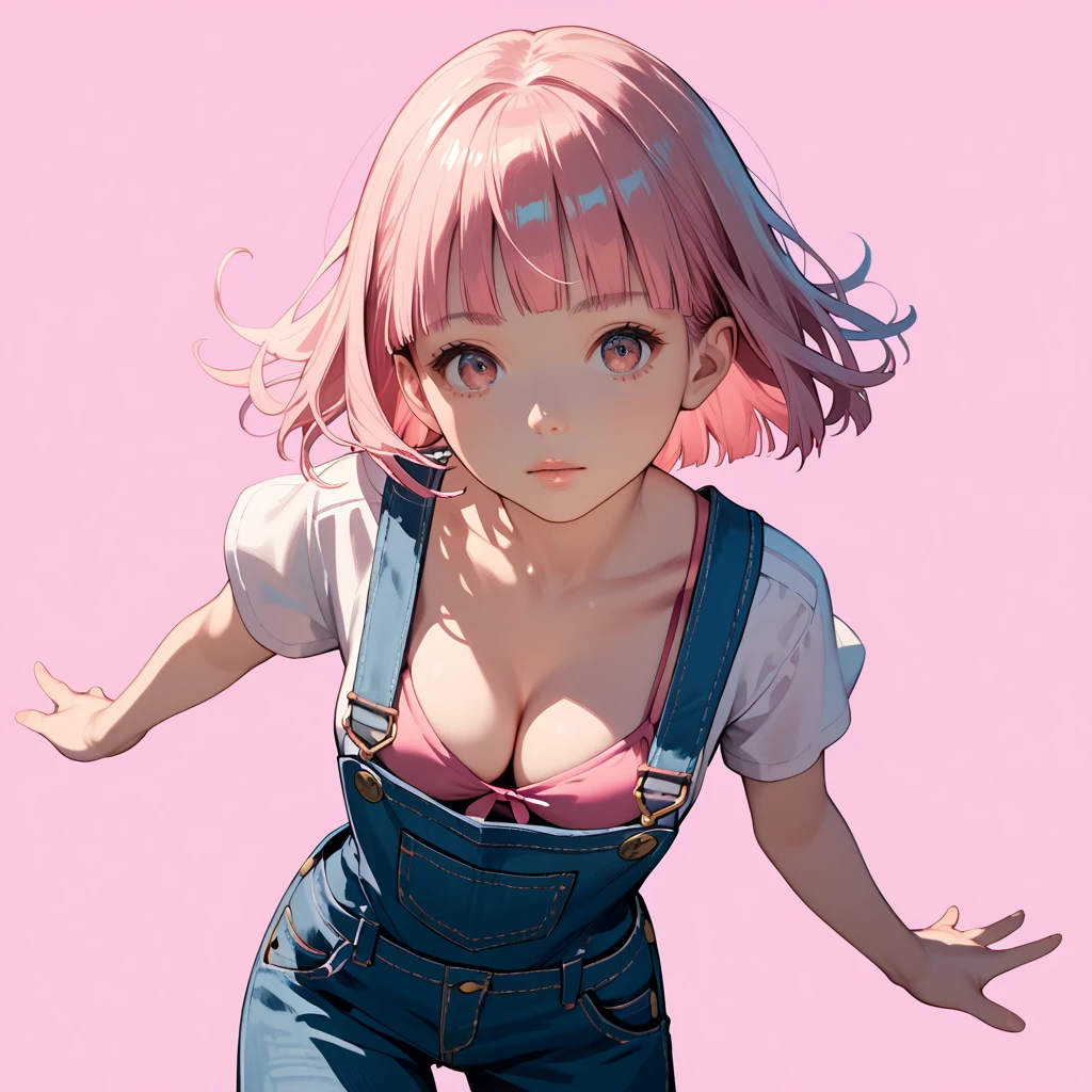 amazing quality, newest, absurdres, realistic lighting,
Cowboy shot, Dynamic angle,1girl, solo, Pink Hair, hime cut,
pink bikini, overalls, cleavage,
Dynamic pose,
pink background,
anime style, detailed face,
