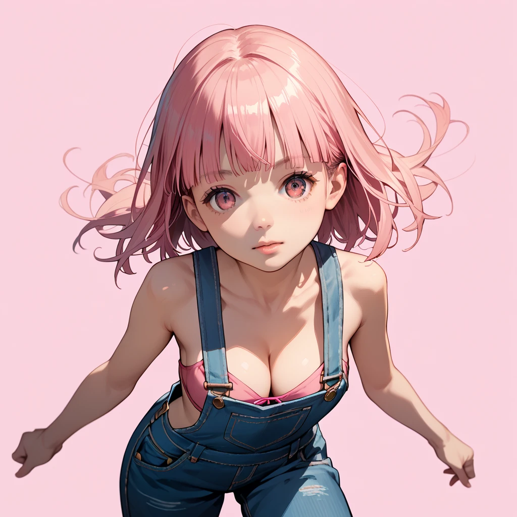 amazing quality, newest, absurdres, realistic lighting,
Cowboy shot, Dynamic angle,1girl, solo, Pink Hair, hime cut,
pink bikini, overalls, cleavage,
Dynamic pose,
pink background,
anime style, detailed face,
