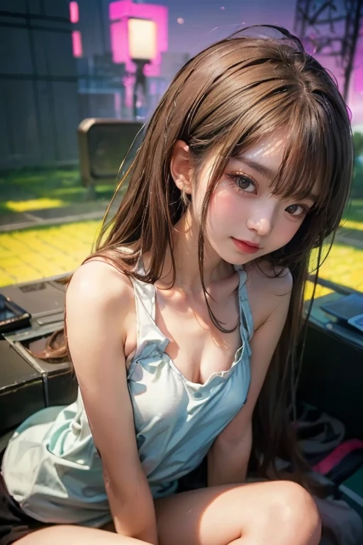 ((Girl Standing In Office)),(((posterior view)))、 Silver hair, Bangs, Blunt bangs, Long straight hair, aqua eyes, longeyelashes, Solid Circle Eyes, makeup, Open mouth, blush, Parted lips, Bright pupils, smiley, Seductive smile, glint, surrealism, Modern、Black pantyhose、high-heels、((Pure white dress、Floral dress、、off shoulders、up skirt: 1.6))、Skyscrapers are hazy in the windowix4、((stick out buttocks))、Provocative、 (Best Shadow: 1.1), (tongue、Vaginal orchids、Runny Vaginal Discharge、Blowing tide)、((黒いパンティーが見えている))