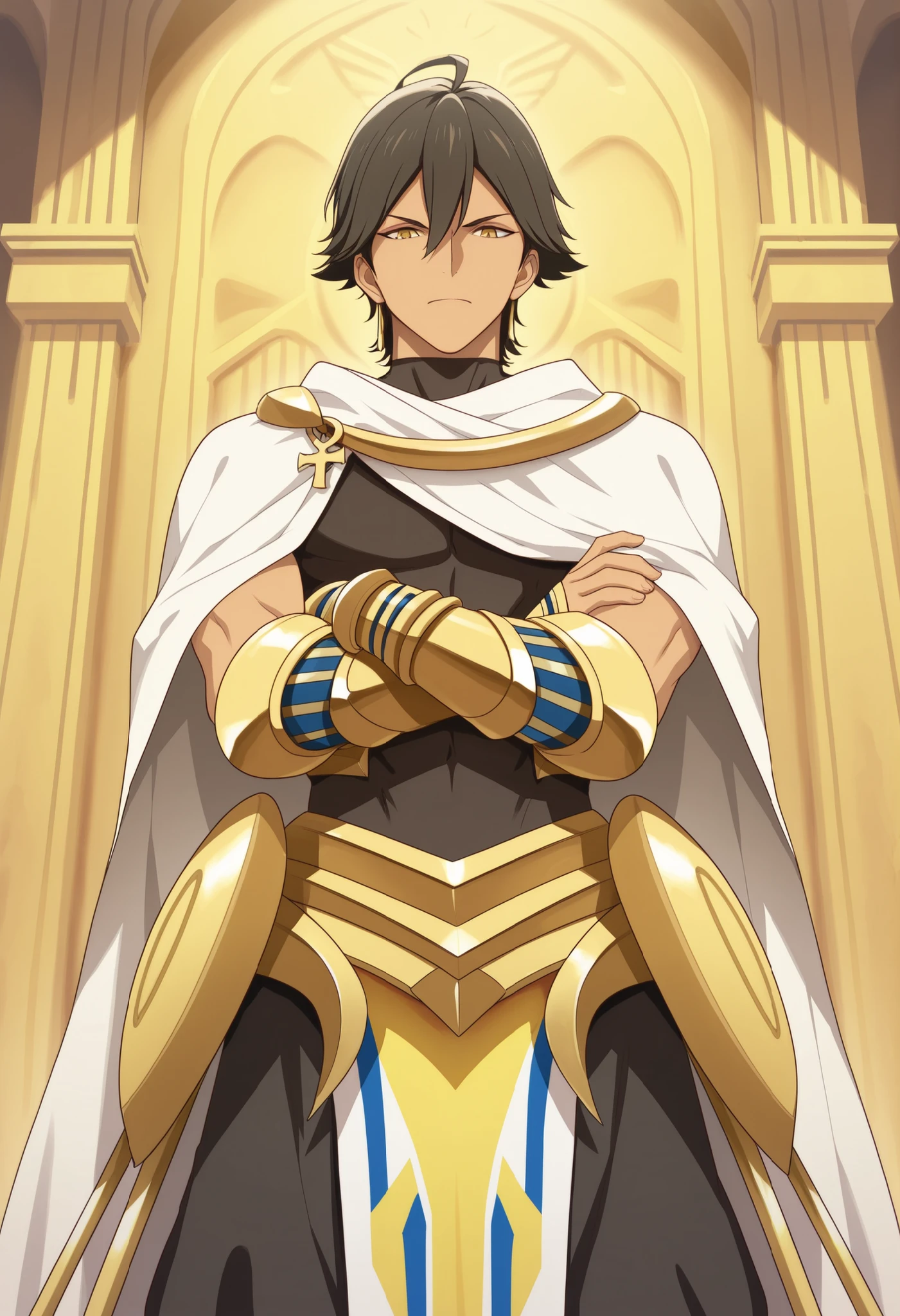 masterpiece, best quality, absurdres, highres,1boy, solo, ozymandias_fgo,best eyes, tank top, cloak, necklace, vambraces, faulds, pelvic curtain, baggy pants, black pants, cowboy shot, standing, crossed arms, looking at viewer, gold palace, inside, egypt arquitecture, front view,