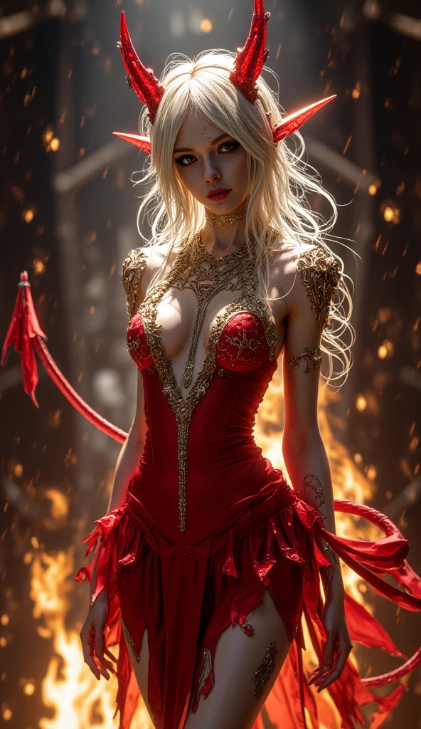 Expressiveh, g0th1c, zPDXL3, succubus, short, small, petite body, slender, slender legs, small  , aesthetic face, glowing eyes, amber eyes, round eyes, very small nose, big ears, small lips, small mouth, small head, freckles, human ears, round ears, short red horns, crystal horns, long red tail, thin tail, ashen skin, dedicated face, enthusiastic face, evil smile, beautiful, artistic brackground, background dominant colour is red, white and gold, fire, hot, inside fire, revealing red dress, gold silk dress, dress,