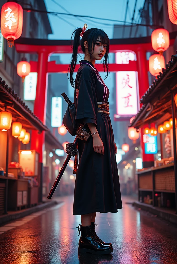 Medium full-body shot, slightly low-angle to capture dramatic presence in neon-lit street
A Japanese girl standing confidently in the middle of a wet, neon-lit traditional street beneath glowing lanterns and towering torii gates. She wears a modernized kimono-style outfit — short-sleeved with layered textures, neon trim, and cyberpunk elements like digital embroidery, glowing obi, and metallic accessories. Her black hair is tied into twin tails with LED-lit hairpieces, and she carries a sheathed futuristic katana on her back. Her boots are armored and sleek, and her pose is calm and composed, slightly turning her head with a subtle, sharp gaze.
Photorealistic digital art
Ultra-high resolution, realistic skin and fabric textures, light reflection on wet pavement, soft ambient rain effect
Inspired by Ghost in the Shell, Neo-Tokyo fashion, traditional x sci-fi fusion designs
Background: glowing red signage, wires crisscrossing above, fog rolling in the distance, torii gate framing the central walkway, street stalls glowing in orange and pink light
Main color theme: black, crimson red, neon blue, with gold accents
Soft light from lanterns and street signs reflecting off metallic elements and the wet ground, subtle rim light on the girl’s silhouette
Photorealistic, ultra detailed, cinematic sci-fi neo-Japan, HDR rendering, best image:1.5