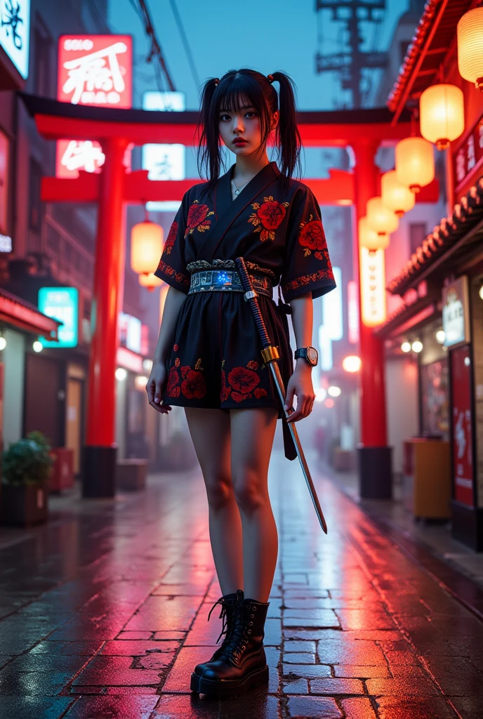 Medium full-body shot, slightly low-angle to capture dramatic presence in neon-lit street  
A Japanese girl standing confidently in the middle of a wet, neon-lit traditional street beneath glowing lanterns and towering torii gates. She wears a modernized kimono-style outfit — short-sleeved with layered textures, neon trim, and cyberpunk elements like digital embroidery, glowing obi, and metallic accessories. Her black hair is tied into twin tails with LED-lit hairpieces, and she carries a sheathed futuristic katana on her back. Her boots are armored and sleek, and her pose is calm and composed, slightly turning her head with a subtle, sharp gaze.  
Photorealistic digital art  
Ultra-high resolution, realistic skin and fabric textures, light reflection on wet pavement, soft ambient rain effect  
Inspired by Ghost in the Shell, Neo-Tokyo fashion, traditional x sci-fi fusion designs  
Background: glowing red signage, wires crisscrossing above, fog rolling in the distance, torii gate framing the central walkway, street stalls glowing in orange and pink light  
Main color theme: black, crimson red, neon blue, with gold accents  
Soft light from lanterns and street signs reflecting off metallic elements and the wet ground, subtle rim light on the girl’s silhouette  
Photorealistic, ultra detailed, cinematic sci-fi neo-Japan, HDR rendering, best image:1.5
