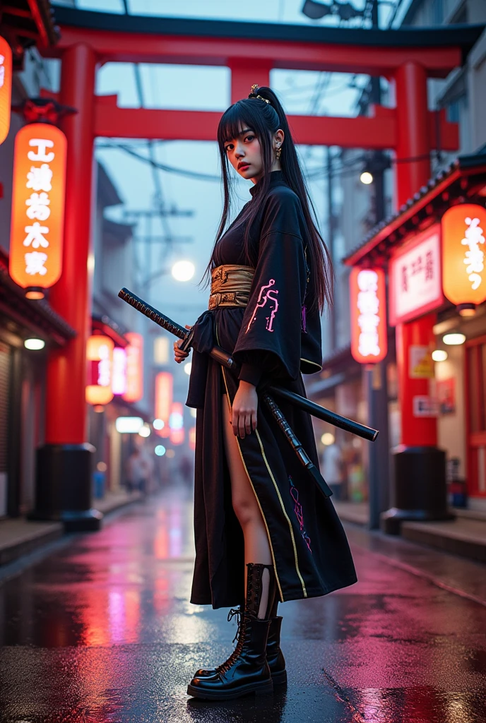 Medium full-body shot, slightly low-angle to capture dramatic presence in neon-lit street  
A Japanese girl standing confidently in the middle of a wet, neon-lit traditional street beneath glowing lanterns and towering torii gates. She wears a modernized kimono-style outfit — short-sleeved with layered textures, neon trim, and cyberpunk elements like digital embroidery, glowing obi, and metallic accessories. Her black hair is tied into twin tails with LED-lit hairpieces, and she carries a sheathed futuristic katana on her back. Her boots are armored and sleek, and her pose is calm and composed, slightly turning her head with a subtle, sharp gaze.  
Photorealistic digital art  
Ultra-high resolution, realistic skin and fabric textures, light reflection on wet pavement, soft ambient rain effect  
Inspired by Ghost in the Shell, Neo-Tokyo fashion, traditional x sci-fi fusion designs  
Background: glowing red signage, wires crisscrossing above, fog rolling in the distance, torii gate framing the central walkway, street stalls glowing in orange and pink light  
Main color theme: black, crimson red, neon blue, with gold accents  
Soft light from lanterns and street signs reflecting off metallic elements and the wet ground, subtle rim light on the girl’s silhouette  
Photorealistic, ultra detailed, cinematic sci-fi neo-Japan, HDR rendering, best image:1.5