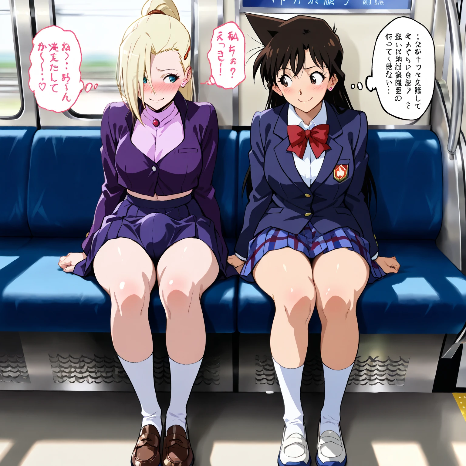 Highest quality, Ultra-high resolution, (Realistic: )2D official style cel animation,((Students of Takamichi Elementary School sitting side by side2people々))Please open your legs a little,mini skirt,panties),Full body portrait,Train seats,sunny,Embarrassing,