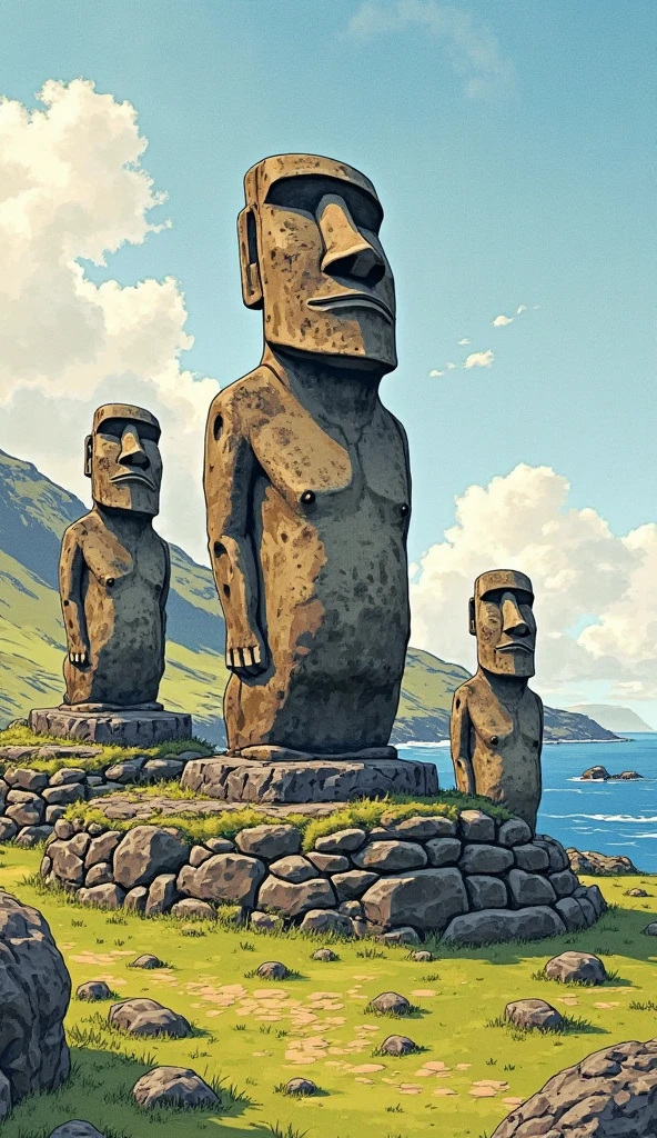 A poster of Easter Island adding moai, native boats huts