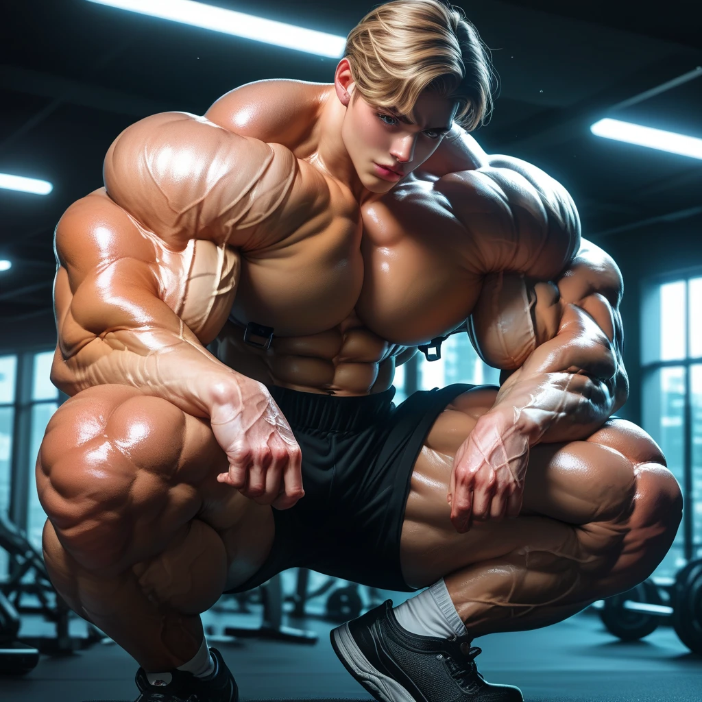 A group of male high school students with bleached blonde hair standing in a classroom staring blankly with open mouth and slumped shoulders as their muscles grow bigger and begin to tear out of their tight shirts, becoming just another group of stereotypical dumb bodybuilder jock bros in the community as they flex to each other and say, "The conquered foe bends to our might. Victory for The Troglodytes!" in dull voices. A less muscular student watches in horror, even as he starts to flex with them. Hyper muscles. Big biceps. Big triceps. Big traps. Broad shoulders. Massive pecs. Strong abs. Broken Tank top strap. Bulging crotch. Hyper bulge. Bro. Brain to brawn. Brute. Assimilation. Hypnosis. Brainwashing. Dumber and dumber. IQ drain. Compression gear.