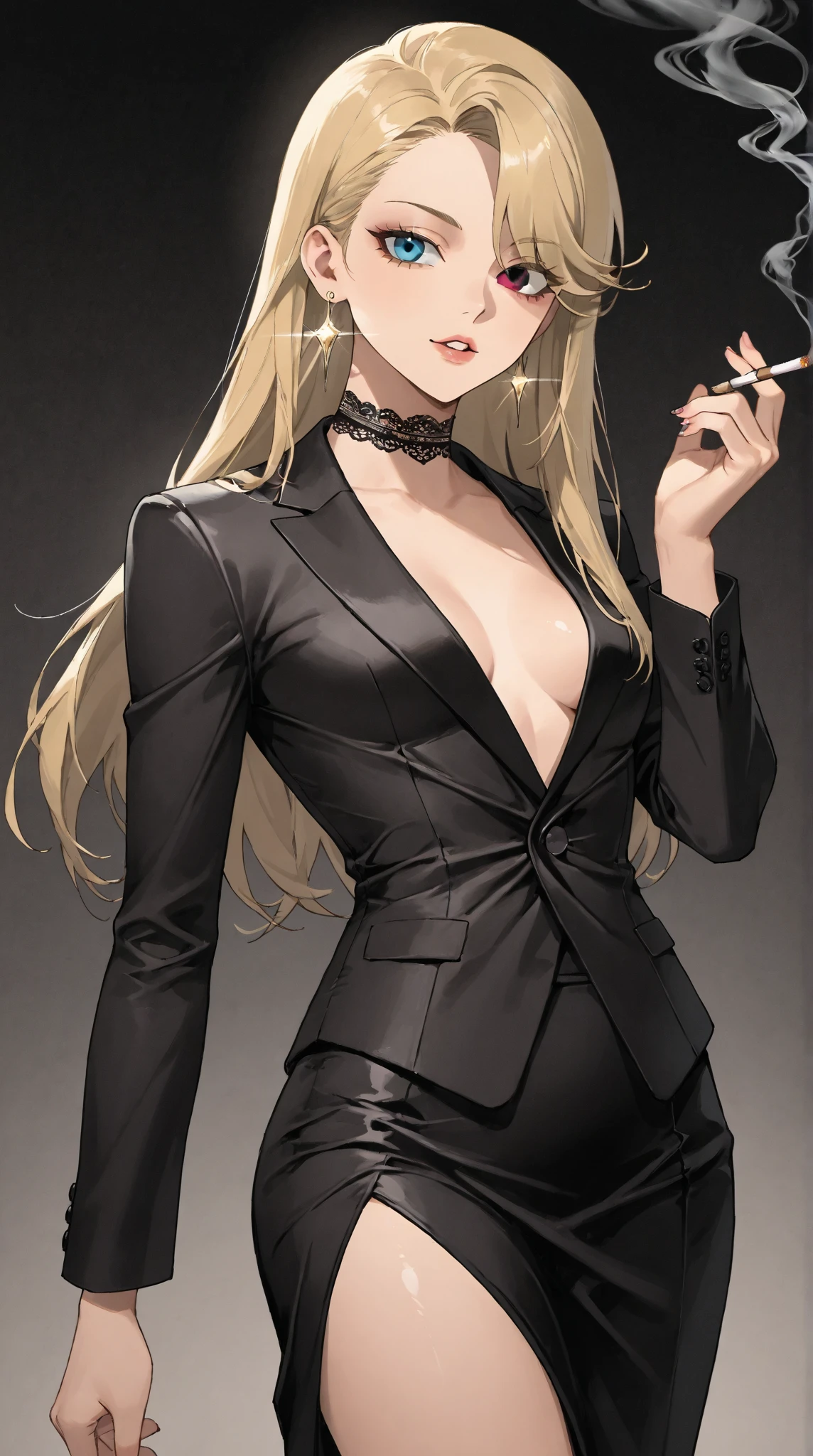 {Highest quality}{One woman, 25 years old}{secretary}{Blonde、Long Hair}{Cross bangs}{Big Breasts}{Blue Eyes、Hanging eyes、Details}{Black short suit with a leather-like finish、Low rise、Belly button、Long skirt、belt、slit}{thigh}{Glare}Half-closed eyes, whole body{stand}{Light lipstick}{Cross your arms}Frowning, Contemptuous eyes, Frowning, {Umbilical cord}{clavicle}{Full Body}{Cleavage}{Contrapposto、Place one hand on hip}