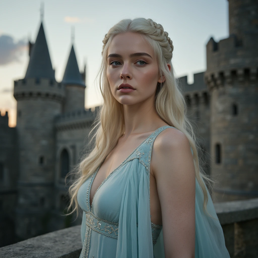[Dear Delevingne] as [Daenerys Targaryen] as una versión de la vida real de (Daenerys Targaryen), targaryen white hair, with (sexy dress), (sexy cleavage), charming smile, Perfect eyes, Perfect beauty,pierced eyes ,artwork, cute woman, Queen, Princess Dragonstone, Best Quality, a little, charming beauty, a captivating woman, Attractive appearance, incomparable beauty, a costume inspired by Game of Thrones, a closeup of a middle aged woman., scene "The War of the Throne," deep neckline, Warrior Princess, healthy body, attractive figure, style of "The War of the Throne," beautiful girl, cute woman, medieval clothing, Stunning woman, 8k, crazy details, dress made of clothes and jewelry, perfect hair, hairstyle hair, High clarity eyes, perfect hands, perfect fingers, Perfect eyes, ultra realistic, intricate very detailed, photorealistic style photography, sharp focus on eyes, cinematic lighting, Best Quality, a little, charming beauty, a captivating woman, fully mature, seductive appearance, unmatched beauty, medieval erotic costumes, a Game of Thrones-inspired costume, a closeup of a middle aged woman, scene of "Game of Throne," deep neckline, Warrior Princess, attractive figure, medieval clothing, Stunning woman, 8k, crazy details, perfect hands, perfect fingers, Perfect eyes
