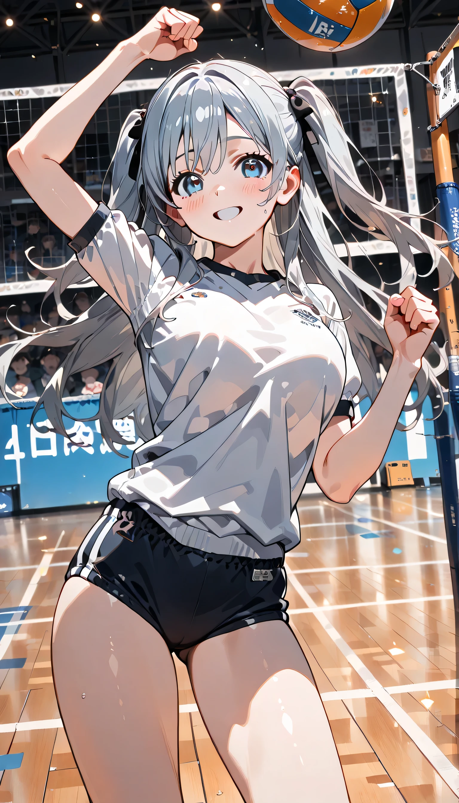 ((ultra-detailed)), (highly detailed CG illustration), (best quality:1.2), ultra-highly detailed, colorful composition, artistic photoshoot, 1girl, solo focus, ((thigh to top:1.4)), ((cowboy shot:1.4)), moe anime character, girl, dainty facial structure, (baby face), (round face), ((rounded chin:1.2)), ((ideal ratio body proportions)), celia-default, celia claire, (blue eyes), sparkle eyes, ((silver hair color:1.3)), ((long hair:1.3)), ((two side up)), (hair ribbon with blue), ample breasts, (blue school gym buruma), ((smile:1.3)), ((happy:1.3)), ((joyful:1.3)), ((blush:1.3)), ((fist pump:1.3)), ((victory pose:1.3)), volleyball (object), volleyball net, ((from front)), dynamic pose, contrapposto pose, best quality, expecting, pink cheek, blush, light pink gloss slip, portrait, depth of field, soft lighting, sidelighting, (shine), lighting, caustics, ray tracing, perfect face, lustrous skin, highly detailed face, highly detailed eyes, perfect face, perfect nose, perfect hair, perfect eyes, perfect anatomy, beautiful hair, beautiful small face, extremely detailed face, beautiful detailed eyes, beautiful clavicle, beautiful body, beautiful huge breasts, leavage, breasts squeezed together, equalize the size of the left and right breasts, beautiful thin thighs, beautiful legs, beautiful fingers, ((4 fingers)), 1 thumb, lovely, (very detailed background:1.0), (highly detailed background:1.0), summer aesthetic, intricate details, shy atmosphere, summer colors palette, chromatic aberration
