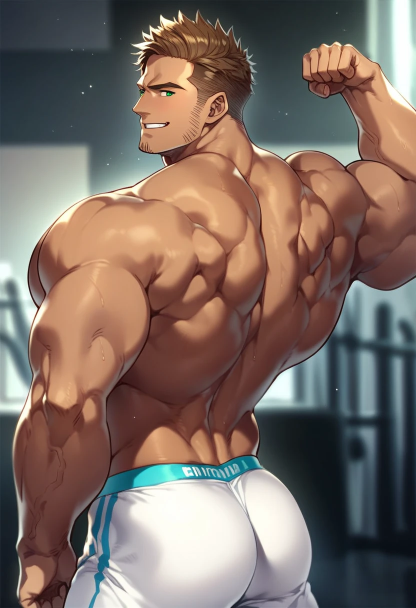 muscular man in jockstrap with prominent member taking a seductive photo in a gym mirror