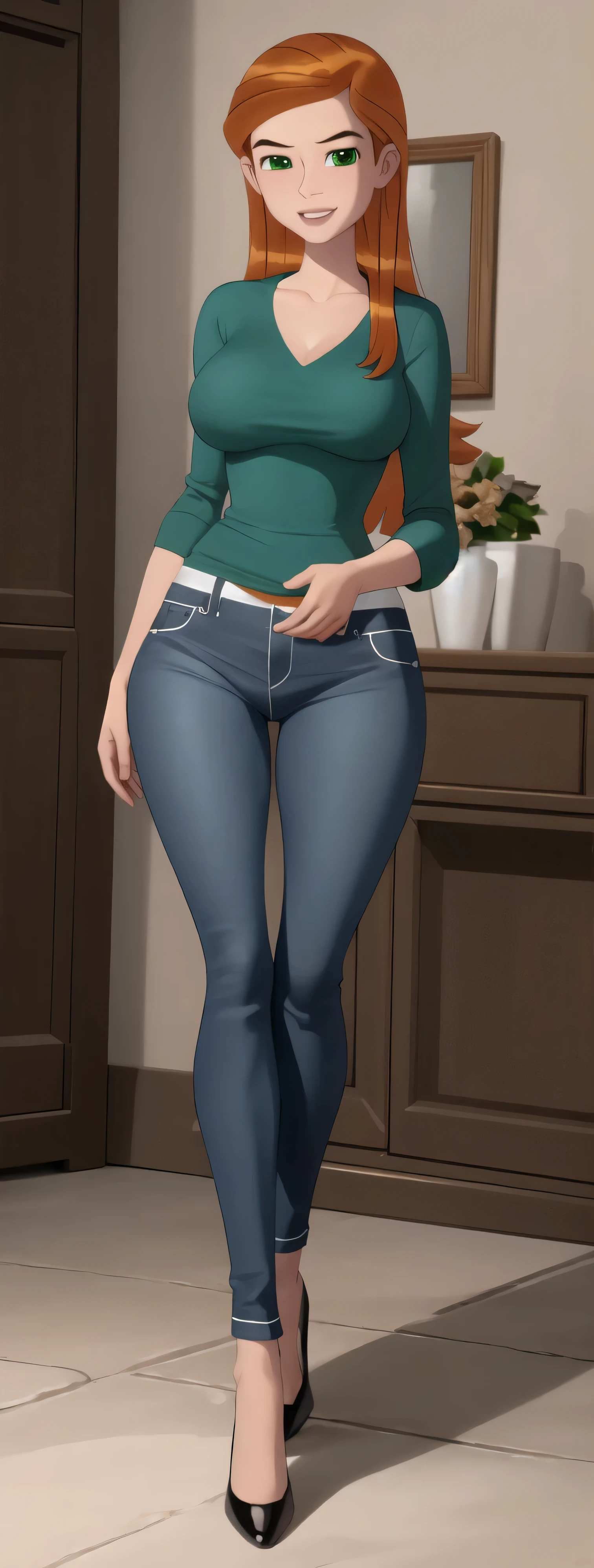 (Best Quality), (Detailed), (highres), adult female, beautiful sexy hips, seductive cute breasts, perfect slim, perfect face, venus body, curvy, large breasts, shy face, happy face, blushing, green eyes, orange hair, solo, longhair,
full body,shiny skin, seductive expression , red top & Blue jeans