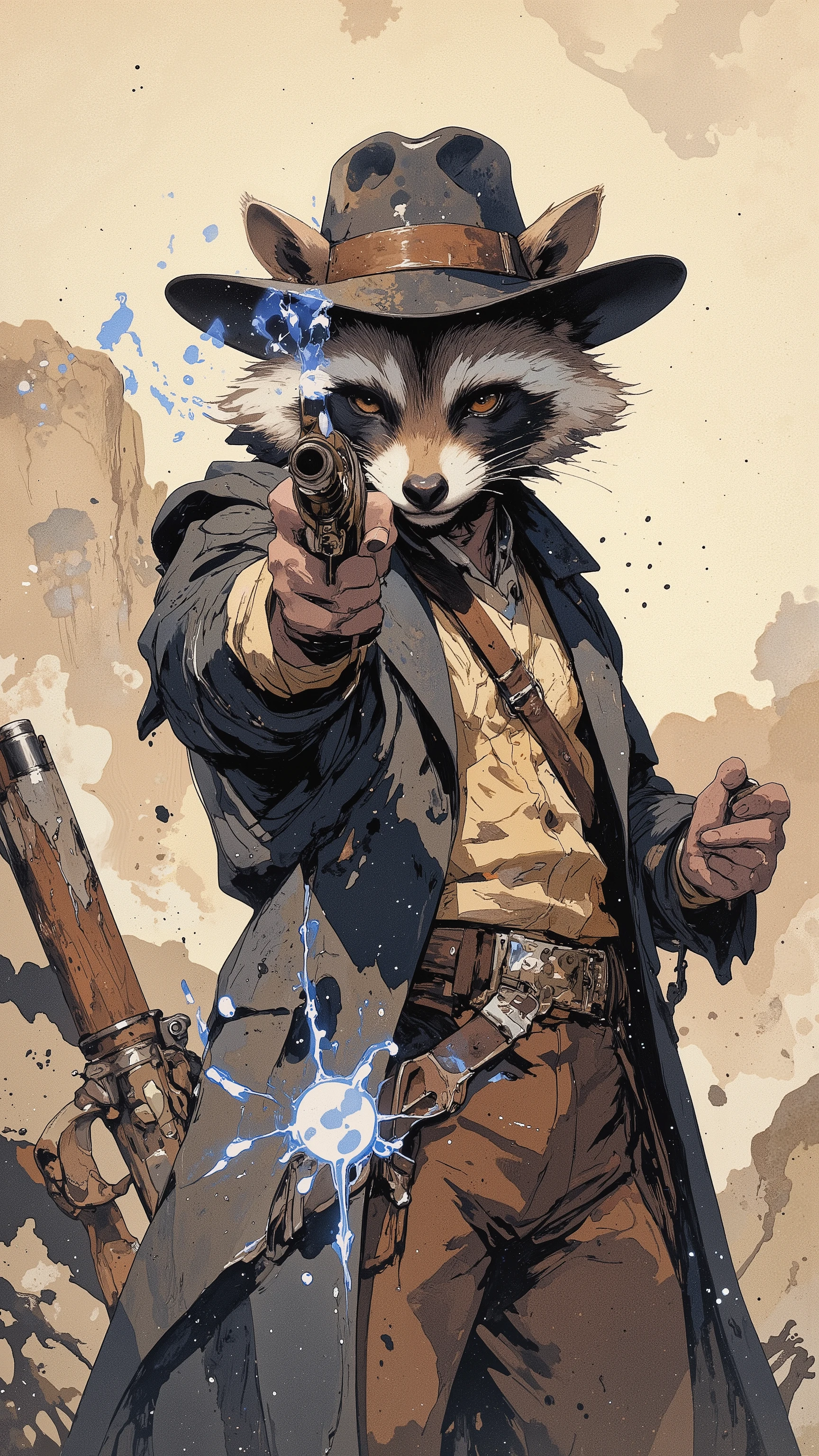 ArsMJStyle、(Zen ink wash painting)、(raccoon ,Western Gunman,vintage,aiming at viewers ),(aura:1. Hi 3) ,ArsMJStyle、(Zen ink wash painting)、ランダムなシチュエーション,angle from front