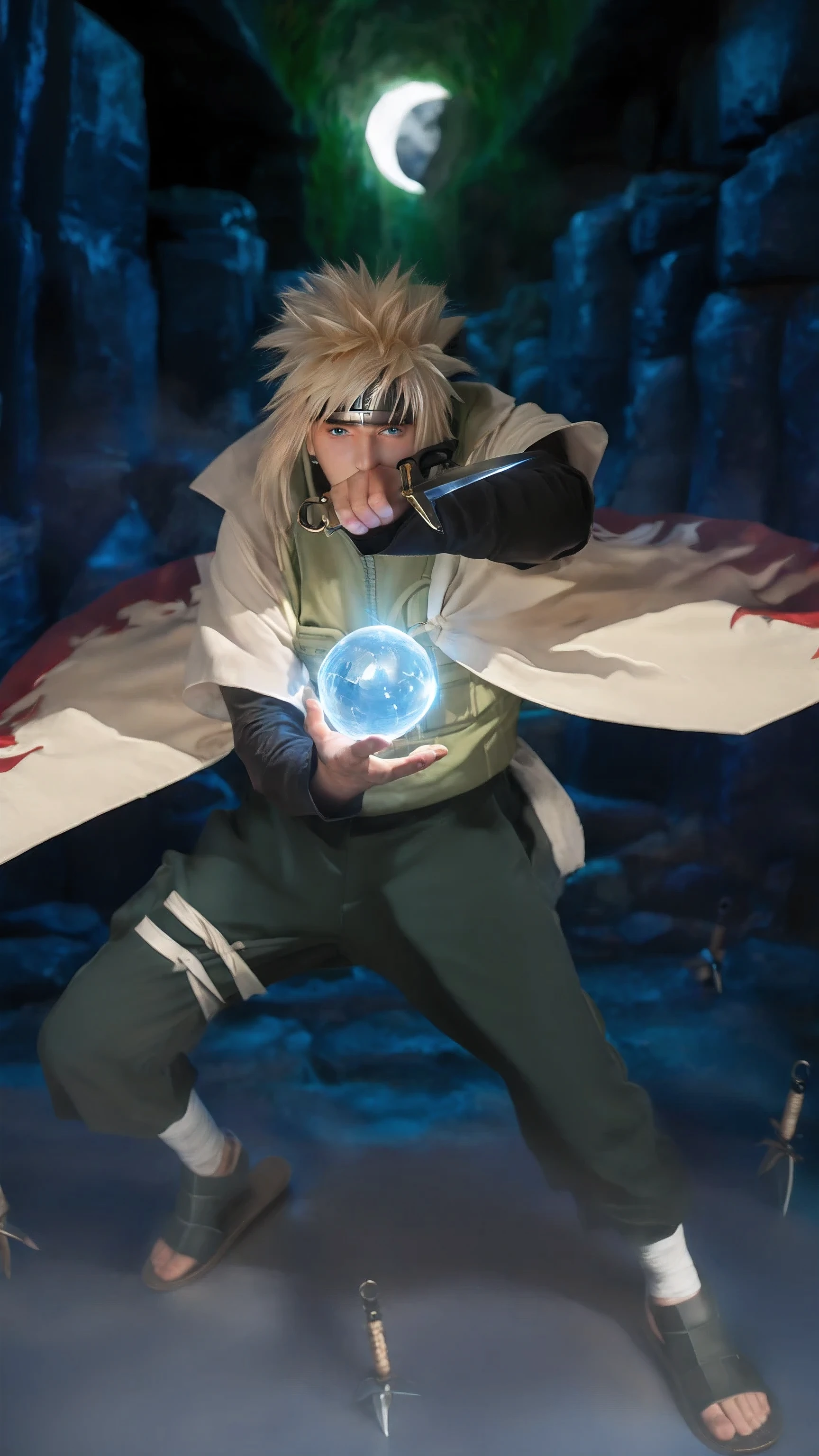 score_9, score_8_up, score_7_up, source_anime, detailed, wallpaper, beautiful details, minato namikaze, 1boy, asian, male focus, looking at viewer, yellow spiky hair, realistic hair, headband with konohagakure symbol, blue eyes, white and red robe, green vest, black longsleeve undershirt, black pants, using black slippers, tie a white bandage leg, standing, holding a knife, glowing blue ball aura, realistic