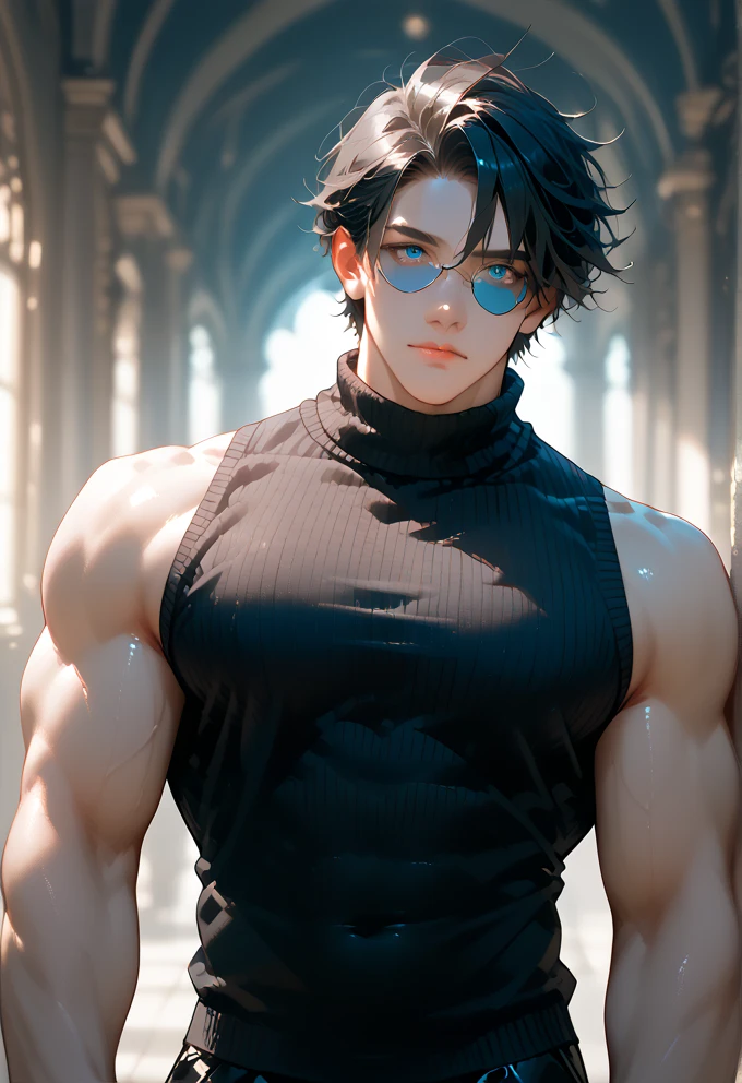 a handsome anime man, muscular, wearing a black tight shirt, detailed facial features, detailed eyes, detailed lips, sharp jawline, well-defined muscles, veins, (best quality,4k,8k,highres,masterpiece:1.2),ultra-detailed,(realistic,photorealistic,photo-realistic:1.37),studio lighting,extreme detail description,professional,vivid colors,portrait,dramatic lighting, big chest