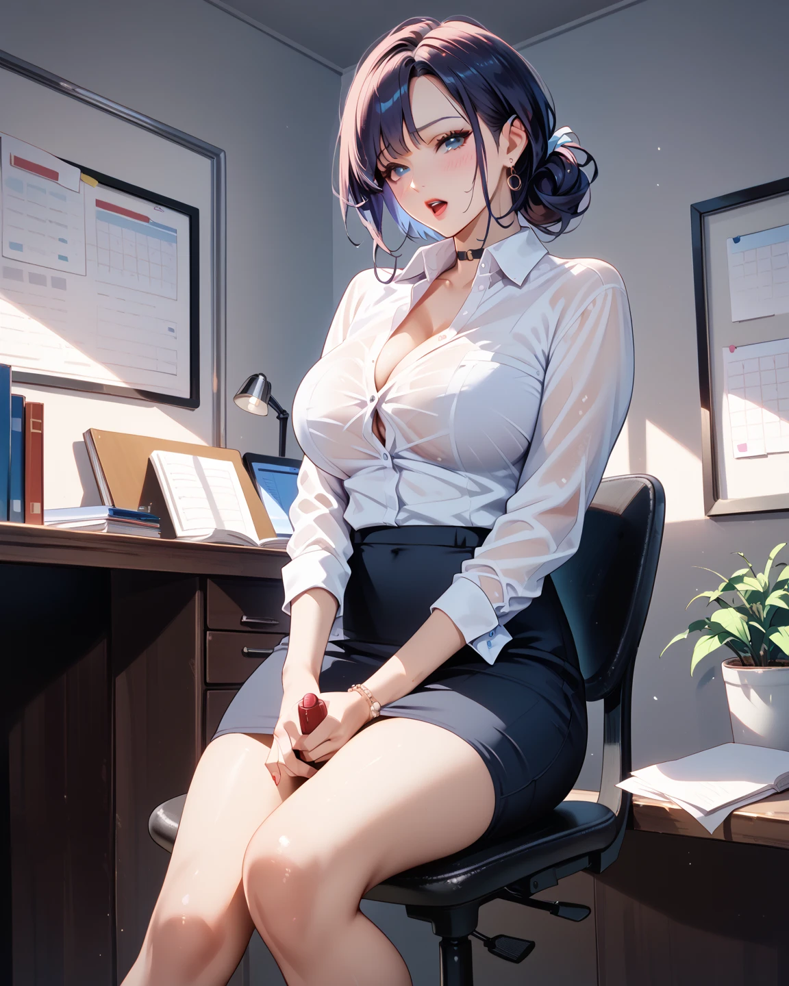 (((masterpiece, highest quality:1.3))),cowboy shot,20 year old beauty,female soldier, ((white formal shirt、Long sleeve、Black tight mini skirt)),solo,((very small head)),dark purple hair,short bob hair,blunt bangs,purple eyes,blush,smile,medium breasts,((very long body,slender body)),skinny,gleaming skin,oily skin,sweat,White panties、sitting、spread legs,Chair、office、taisho steampunk、Tokyo in the Taisho era、