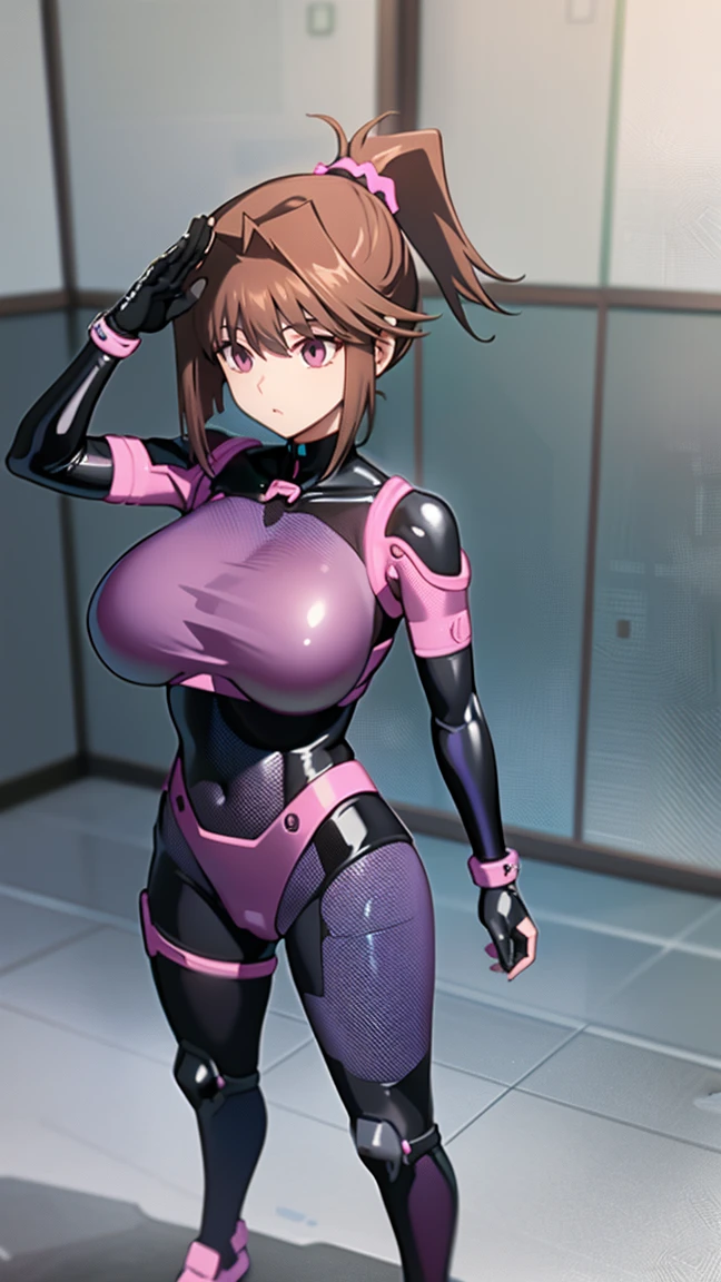 1 girl,NSFW, Kyoko Masaki,(Yu-Gi-Oh),AnzuDef,short hair, brown hair, hair ornament, high ponytail, ponytail,huge breasts, clavicle, Glowing purple eyes,absurd, brainwashing,empty eyes, ((No expression,erasure of emotions)), (black latex tight bodysuit),look away , full body figure,((squat,spread your legs, arms behind head)), (highest quality、4k、8K、High resolution、must have:1.2)、Super detailed、(reality、reality的なです、reality的な:1.37)、ticker、hyper hd、studio lighting、ultra definition paint、sharp focus、Physically based rendering、extreme details、Professional specifications、vibrancy and color、blurry、sports portrait、landscape、horror style、anime big breast、SF、photograph、concept artist、five fingers, perfect body, {{{masterpiece}}}, {{{highest quality}}}, {{Super detailed}}, {shape}, {{very delicate and beautiful}},Improved cost performance、all roles、Canon 5D MK4でphotograph、photograph,