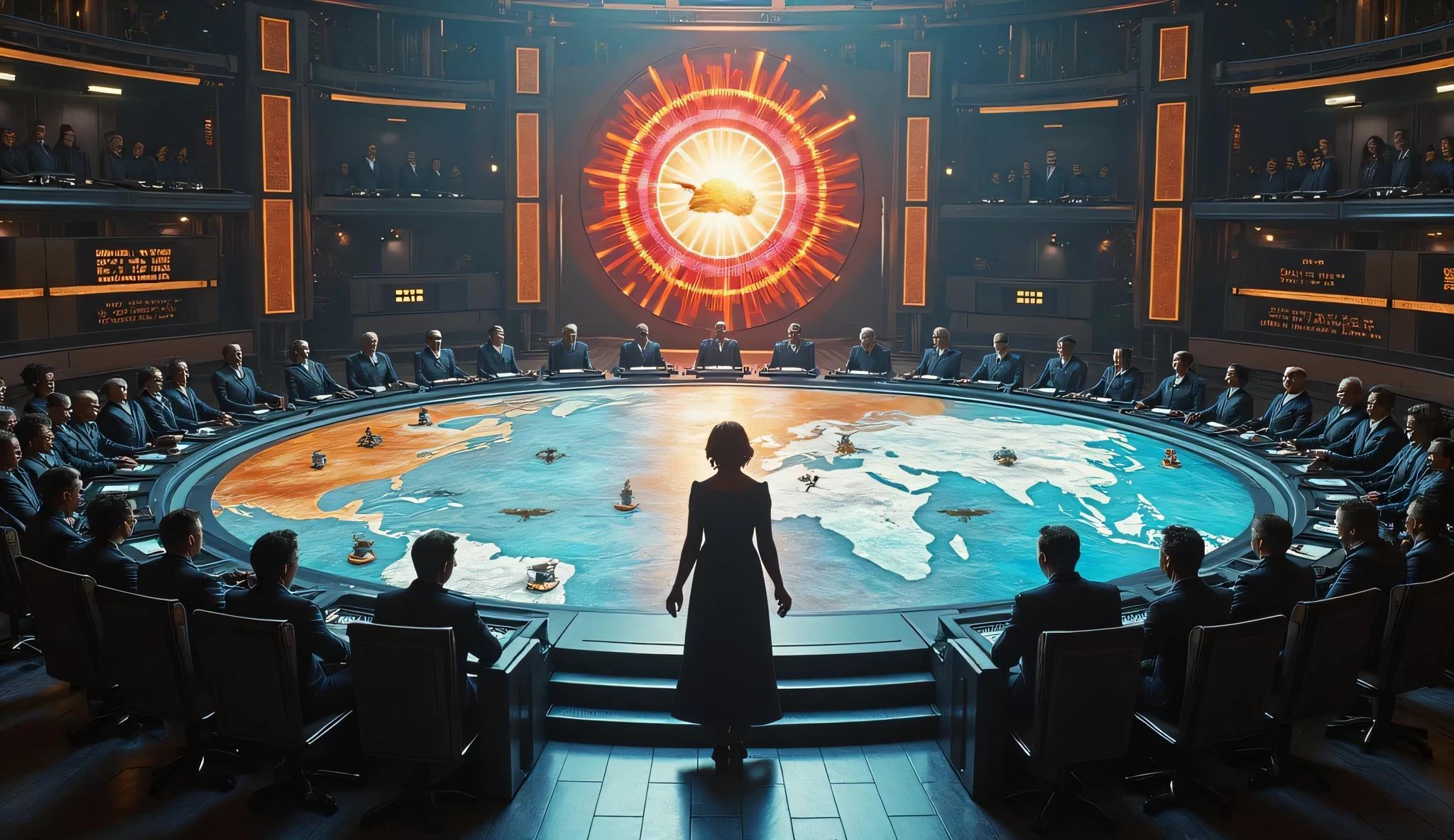 High resolution, highest quality, illustrations, super detail, a female host in military uniform is standing in front of the speech stage, behind an oversized electronic screen, soft spotlights, a group of people