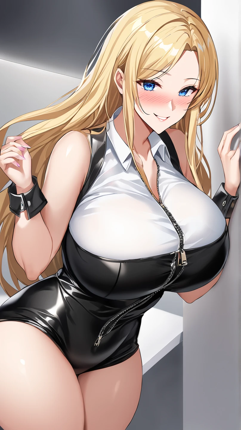 (masterpiece, highest quality, best quality, official art, beautiful and aesthetic: 1.2), (1girl), extremely detailed, (fractal art: 1.3), highest detailed, upper body focus, upper body, HDR, ), vivid visual effects, (dynamic stripes, luminous traces: 1.2), completely naked, abs, muscular, ass, ass focus. Looking at viewer, sitting at a office table, office, dominant, annoyed expression, frustrated, sitting, huge breasts, boob window, naked breasts, breast window , Detailed face, perfect face, (integra hellsing cross bet blindfold), wearing overall jumpsuit, overall jumpsuit