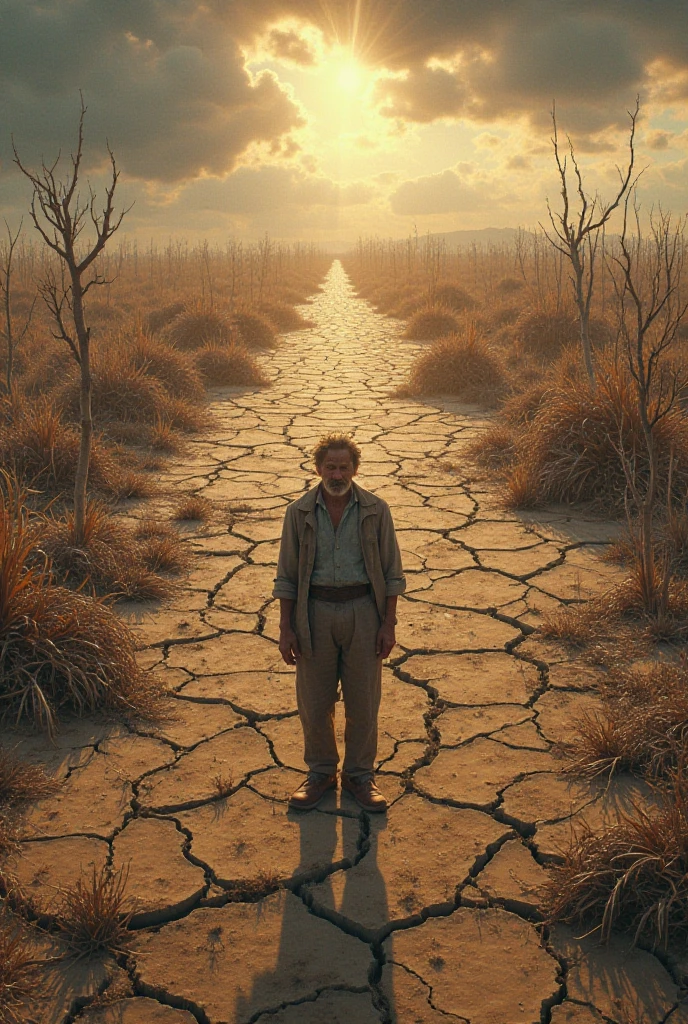Cracked, dry farmland under a harsh sun, with dead crops and distant withering trees, a lonely farmer standing hopelessly – dramatic sky, top view

