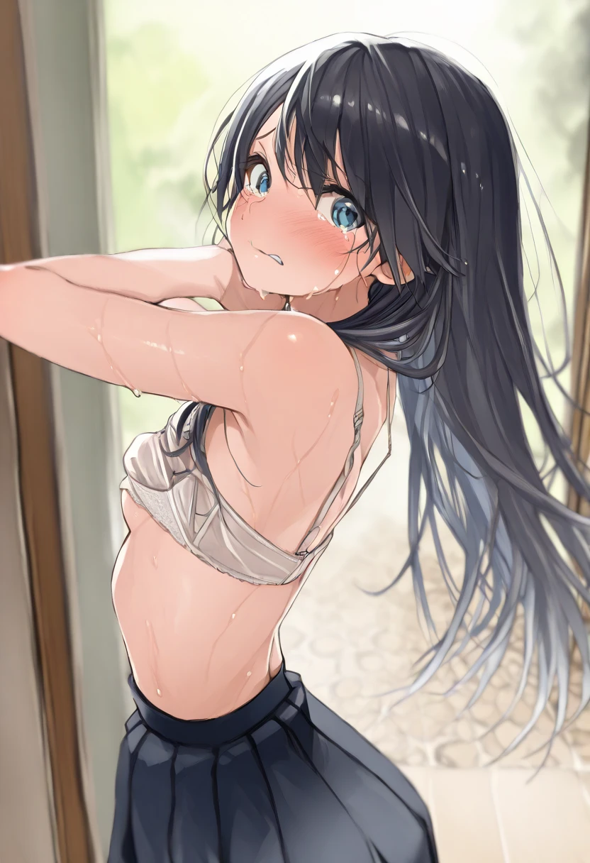 best quality, very aesthetic, absurdres, (1girl, aris, blue archive, solo, blue eyes, black hair, side ponytail), (artist official art:1.3), (realistic face:0.5), (), (open shirt:2), (cowboy shot), (), (glowing eyes:1.1), nsfw, (half closed eyes:0.9), (thigh), expressive eyes, perfect face, 4k, extremely detailed anime illustration, extremely detailed eyes, enhanced details, perfect anatomy, light rays, (gray background:1.5), clear eyes, beautiful face, small breasts, (Chiaroscuro:1.5), (highres:2), undressing