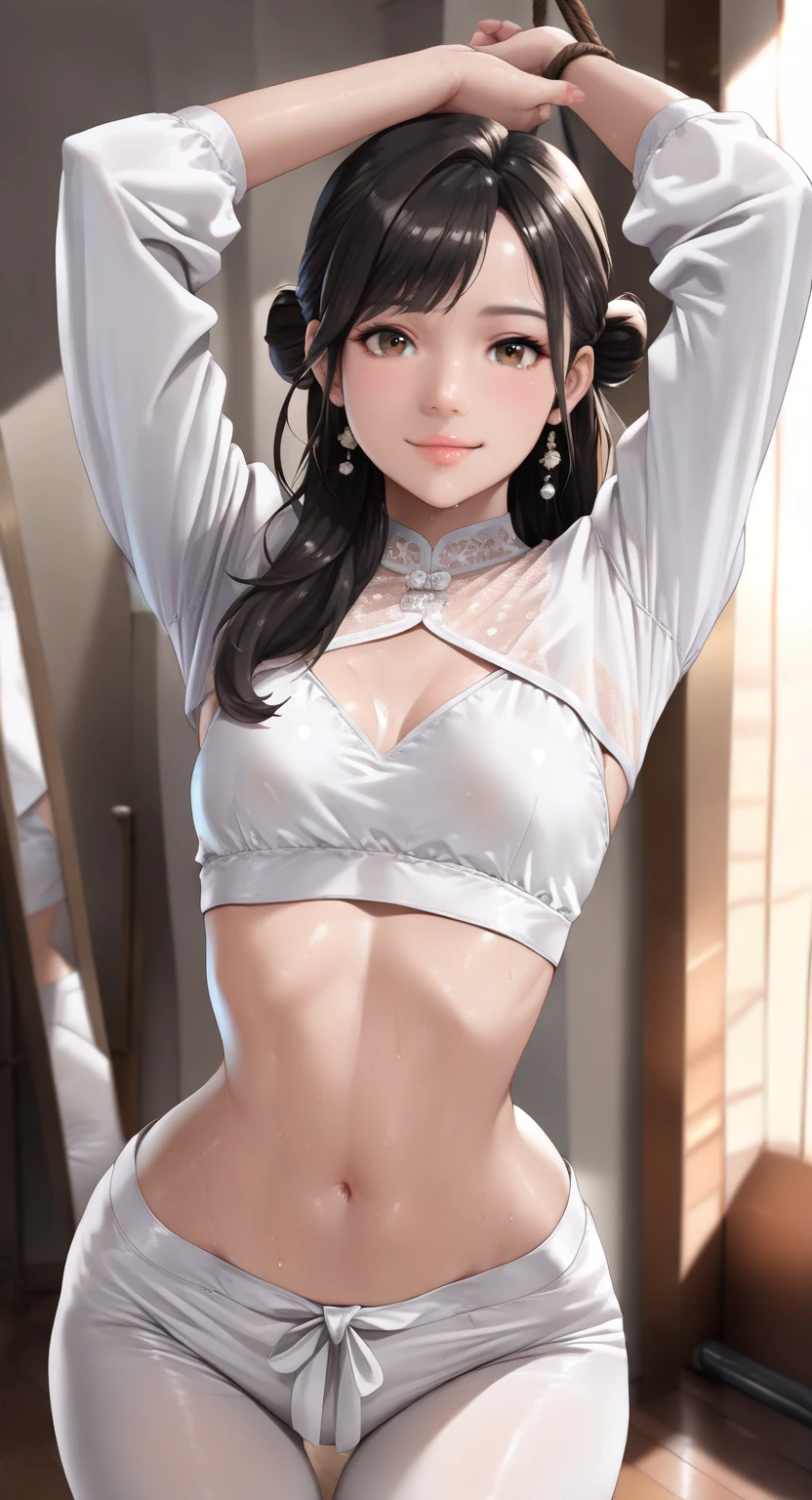 (perfect anatomy,highest quality、ウルトラ - High resolution、High resolution、Highly detailed CG、8k unit wallpaper),cowboy shot,portrait,1 female,alone,20 year old beauty,Japanese,((detailed and beautiful eyes)),brown eyes,smile,,brown hair,long hair,bangs,((short black cheongsam、sleeveless、deep slit,perfect panties)),Natural light、