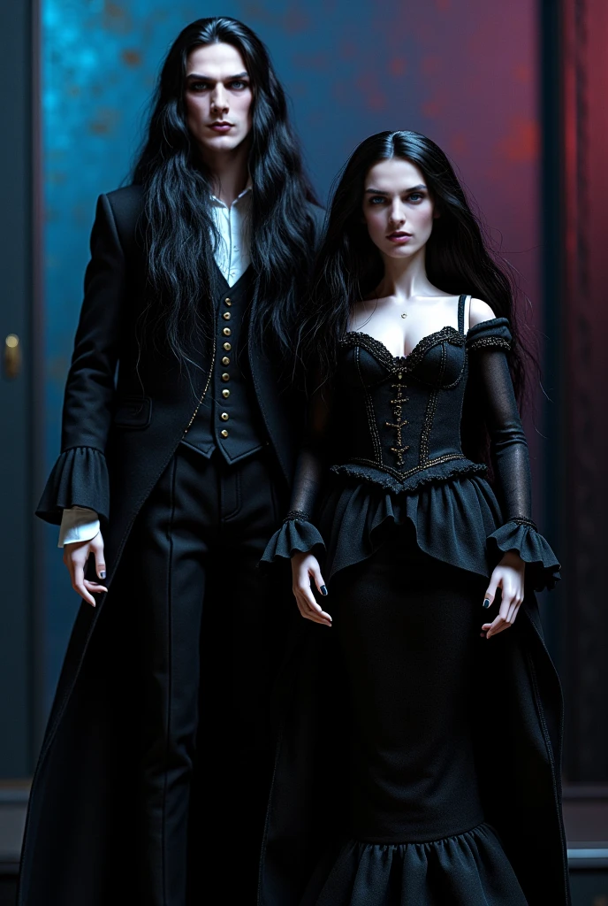 Man and woman couple, Hyperrealism, 8K, Man with black hair, blue eyes, white skin, (Christopher reeve and Peter Steele, brandon lee) Tall, 1.88 meters tall, CG, cinematic photo, ultrarealistic, in Victorian clothes, Beautiful Mexican woman, with white skin, black children, long black hair, slanted eyes, 1.58 meters tall. together in a beautiful landscape. --auto --s2