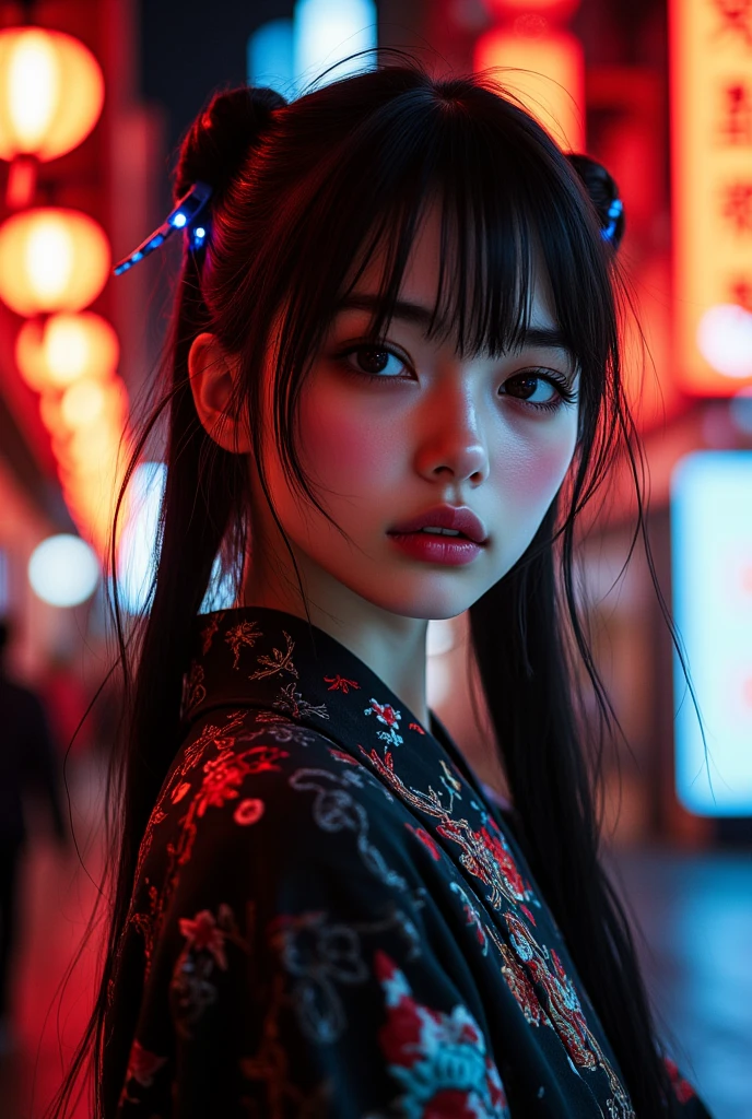 Close-up portrait shot, slightly off-center framing with shallow depth of field  
A Japanese girl with a sharp yet calm expression, set against a glowing cyberpunk street filled with red lanterns and vertical kanji signs. Her black hair is styled in sleek twin tails with glowing LED ribbons, and she wears a modernized kimono collar with cybernetic embroidery and soft metallic detailing. Subtle glowing tattoos or circuitry trace faintly along her cheeks and neck. Her eyes reflect ambient neon light — one eye subtly augmented with a holographic interface.  
Photorealistic digital portrait  
Ultra-high resolution, fine skin texture with realistic lighting bounce, reflective eye detail, microfabric sheen  
Inspired by Blade Runner portraits, Ghost in the Shell aesthetics, and futuristic neo-Japanese fashion  
Background: softly blurred torii gate and glowing signs in kanji, warm red and cold blue bokeh from lanterns and LED lights  
Main color theme: warm red and black around the face, accented with electric blue and subtle gold glow  
Mixed lighting — warm ambient glow from paper lanterns on one side, cool neon highlight on the other, slight mist in air for atmosphere  
Photorealistic, ultra detailed, cinematic cyber-Japanese portrait, HDR rendering, best image:1.5