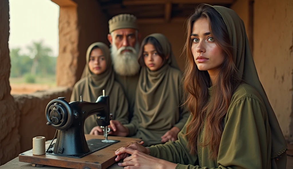 "A young woman with striking green eyes and slightly messy, long brown hair covering a duppata on head. Her expression is sad and crying , with a subtle look of concern or introspection. She is dressed in a simple olive-green dress, sitting near a rustic window in a clay-walled room, with soft natural light illuminating her face. The background shows minimal furnishings and a serene outdoor environment, giving the image a raw and authentic feel." A young woman stitching the dress in rural village area generate a image 

"This is an image depicting a rural family scene with Urdu text. Here's a detailed description:

1. Background:

The setting appears to be a village scene with traditional huts and a serene, natural environment, including trees and fields visible in the distance.

The lighting suggests a sunset or sunrise, casting a warm glow.



2. Characters:

Four individuals are central to the image:

An elderly man with a white beard wearing traditional attire and a cap is seated. He appears thoughtful and kind.

Three women or girls wearing modest clothing and hijabs are present. They seem to be a family, possibly daughters or granddaughters of the man.

One girl is standing near a sewing machine, while two others are seated beside the elderly man.

3. Objects:

A manual sewing machine is prominently placed on a small wooden table, symbolizing hard work or livelihood.

A spool of thread is on the bench near one of the women, reinforcing the theme of sewing or tailoring
5. Mood:

The overall scene conveys themes of poverty, family bonding, resilience, and hope, likely centered around a narrative of struggle and divine assistance.
