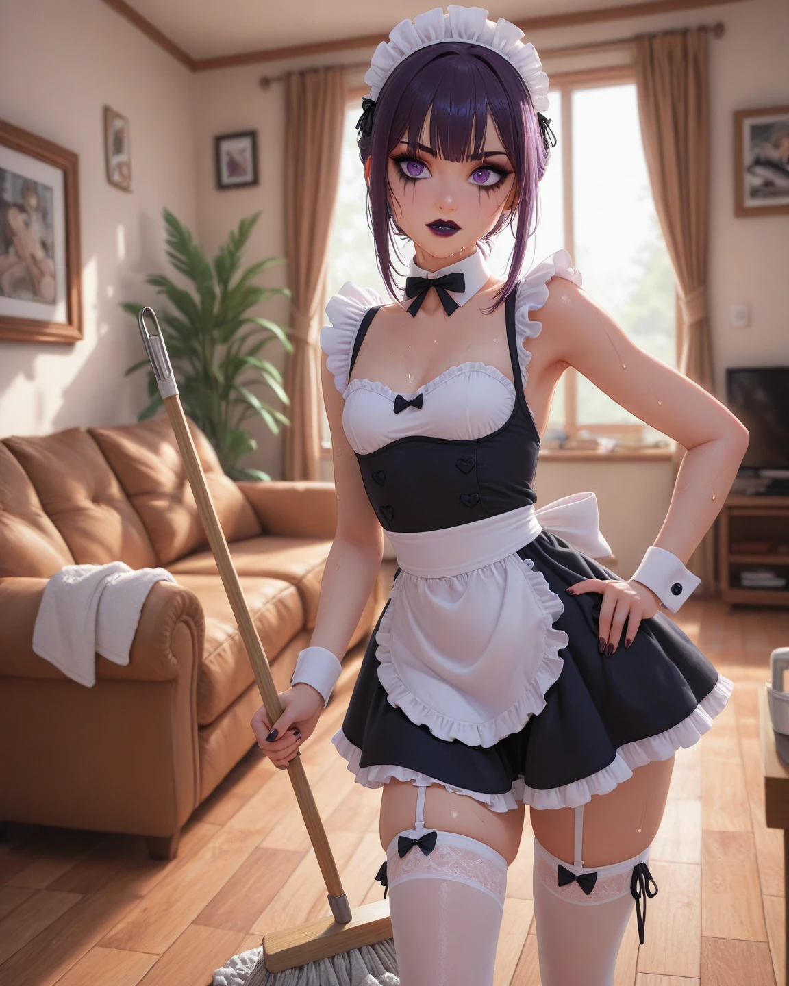 (masterpiece, best quality), 1girl, Dark Violet Curly Top with Fade, Sizes M to Z breasts, <lora:Black_Maid_By_Stable_Yogi:0.8> maid dress, long sleeves, black leggings, black boots, lace trim, maid headdress