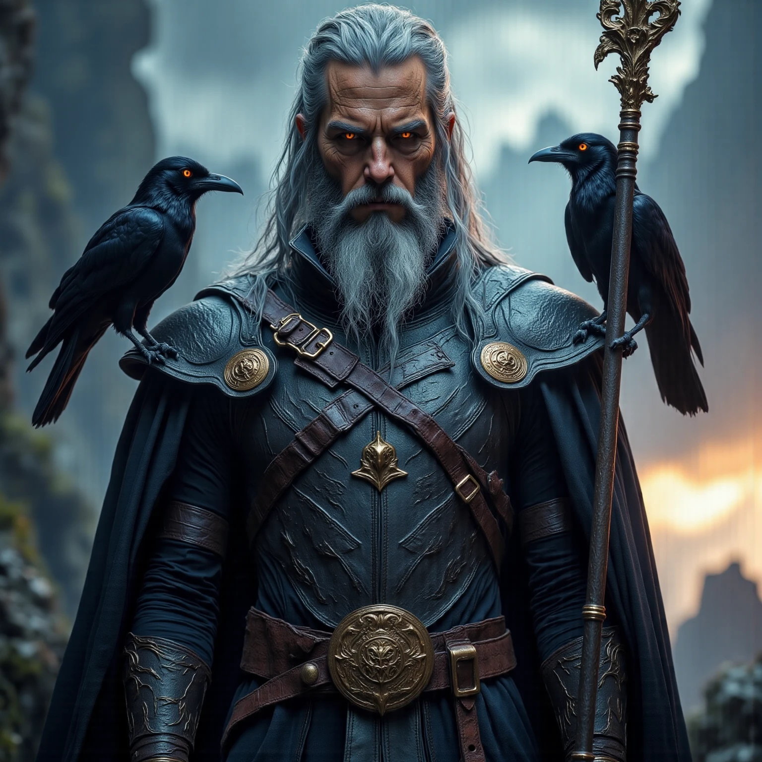 (Extremely detailed 8K wallpaper),  Create a realistic image of the Norse god Odin, the father of all. He must be represented as a more man old, with a long, gray beard that reaches up to his ?????. One-eyed eye patch wearing eye patch, eye patch must be made of onyx and have a silver band around.

Odin must be dressed in a metal battle suit, with armor adorned with jewelry and gold and a black cape that flows in the wind. It must have a metal belt around the waist, with a silver buckle in the shape of a raven.

 he must be standing , with feet spread apart and hands holding a spear of its size. The spear is adorned with runes and magic symbols. The spear must have a silver tip shaped like a crow's head.

Alongside Odin,  one on each shoulder , devem estar (dois corvos), Huginn and Muninn , who are your messengers and help you gather information from around the world. The crows must be represented as two black birds, with glowing eyes and smooth feathers.

No fundo, there must be a Nordic landscape, with mountains and forests in the distance. The sky must be blue and cloudy, with a sun that sets on the horizon.

Use realistic colors and intricate details to bring the image. The silver, do metal, gold texture on armor, ornaments and weapons must be visible, and the shadows must be deep and realistic. Odin's expression must be serious and wise, with a Look that seems to see beyond the horizon.